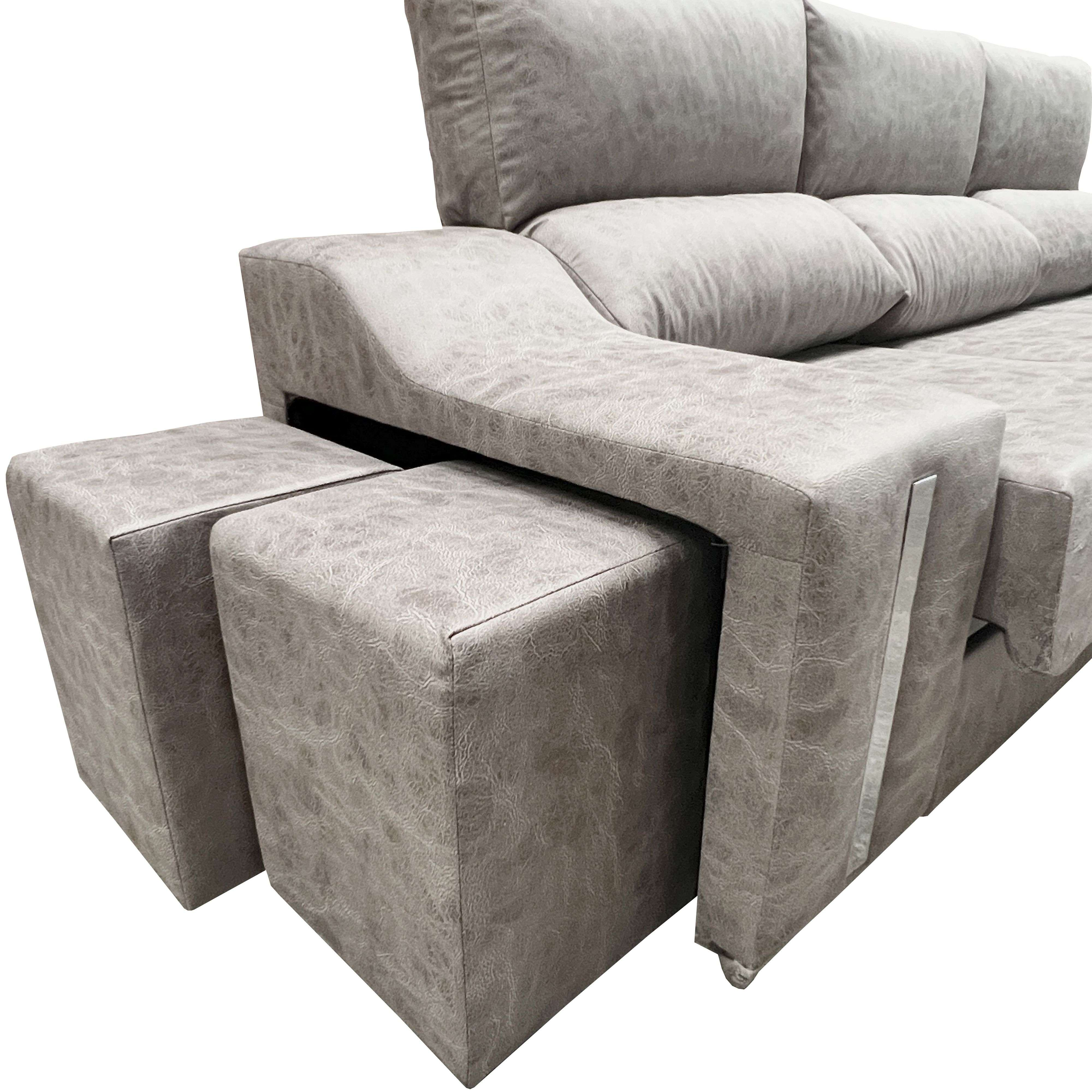 Sofá seccional gris con dos otomanas, tela texturizada, diseño moderno.