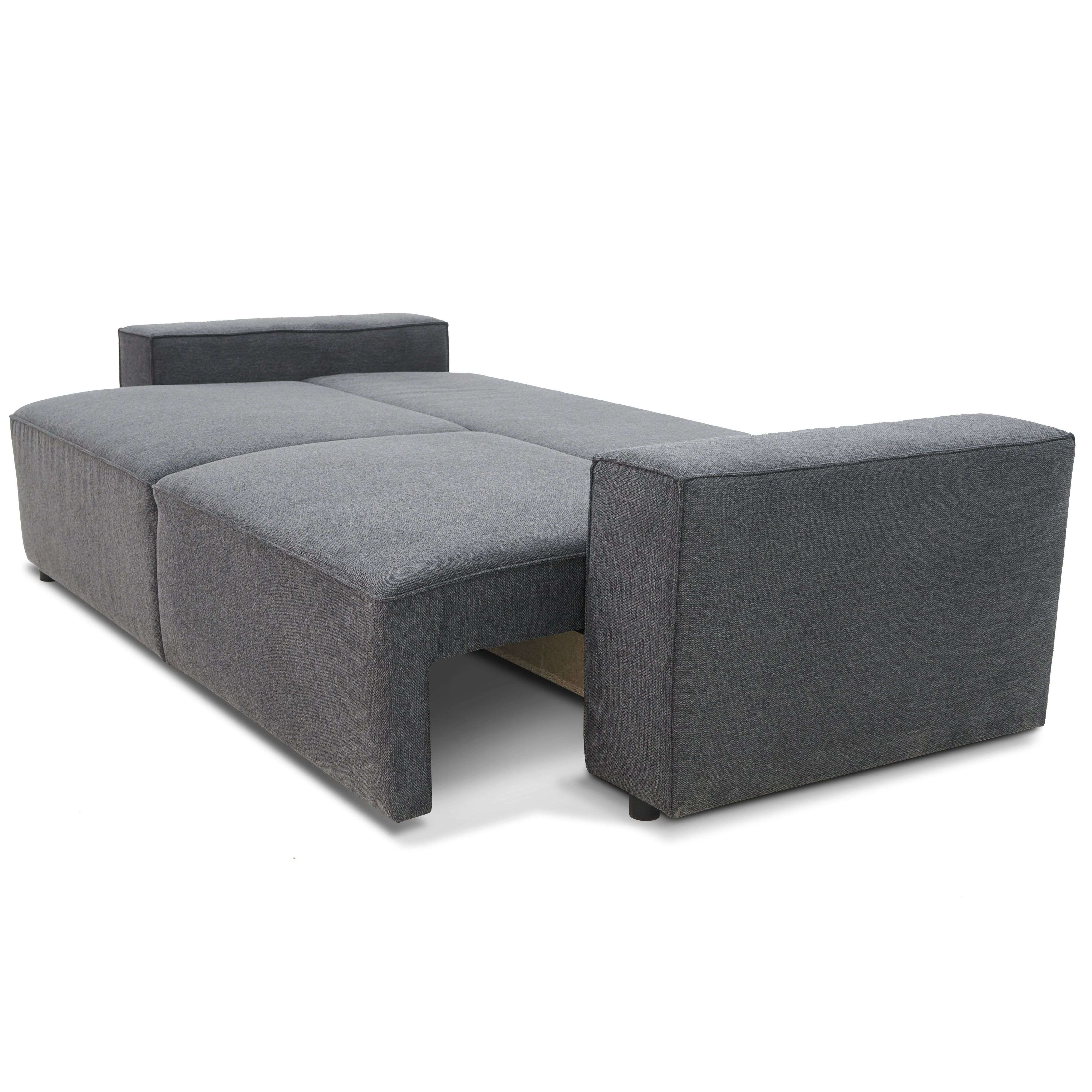 Un sofá cama gris con colchón extraíble, mostrado sobre fondo blanco.