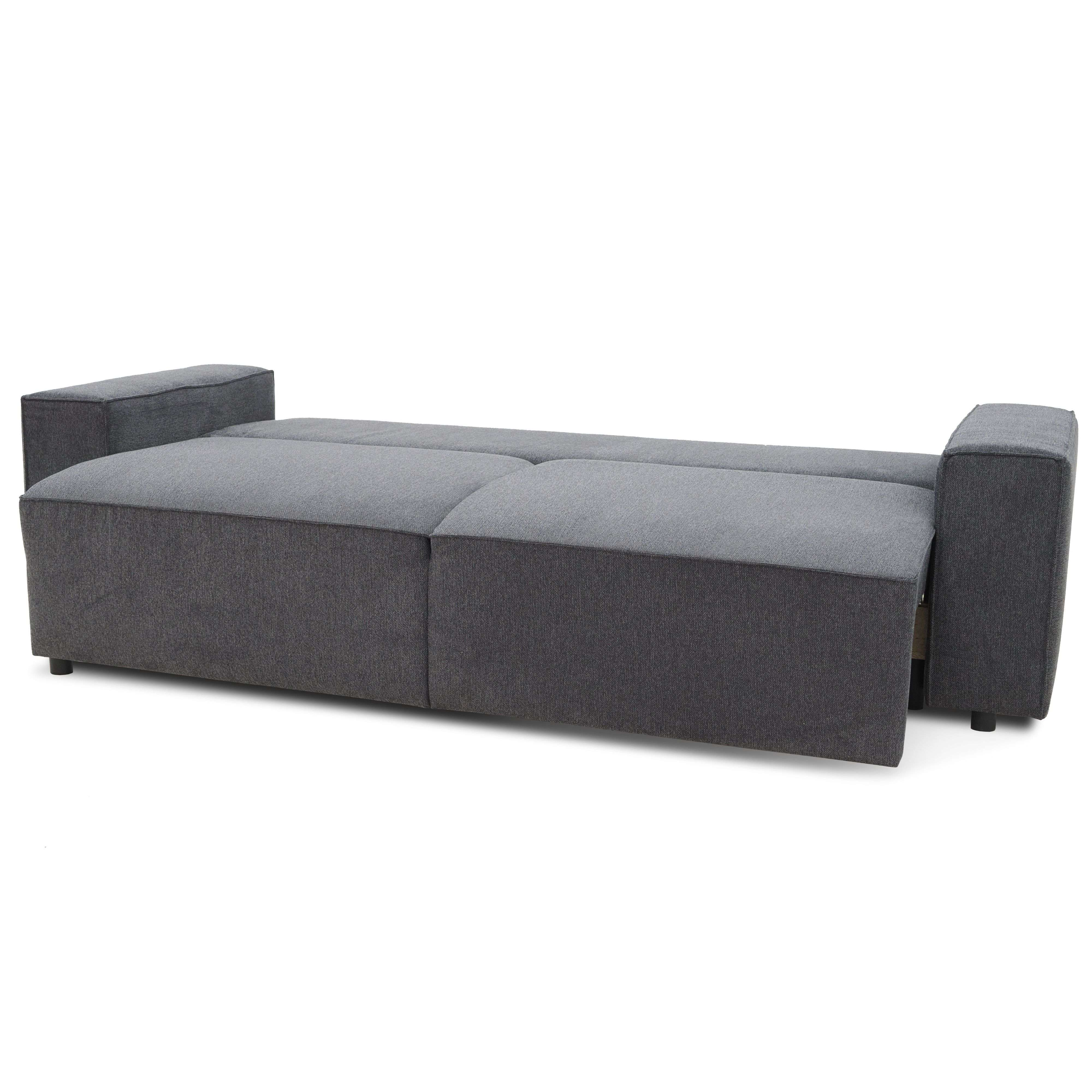 Un sofá cama gris con superficie para dormir extendida y reposabrazos laterales.
