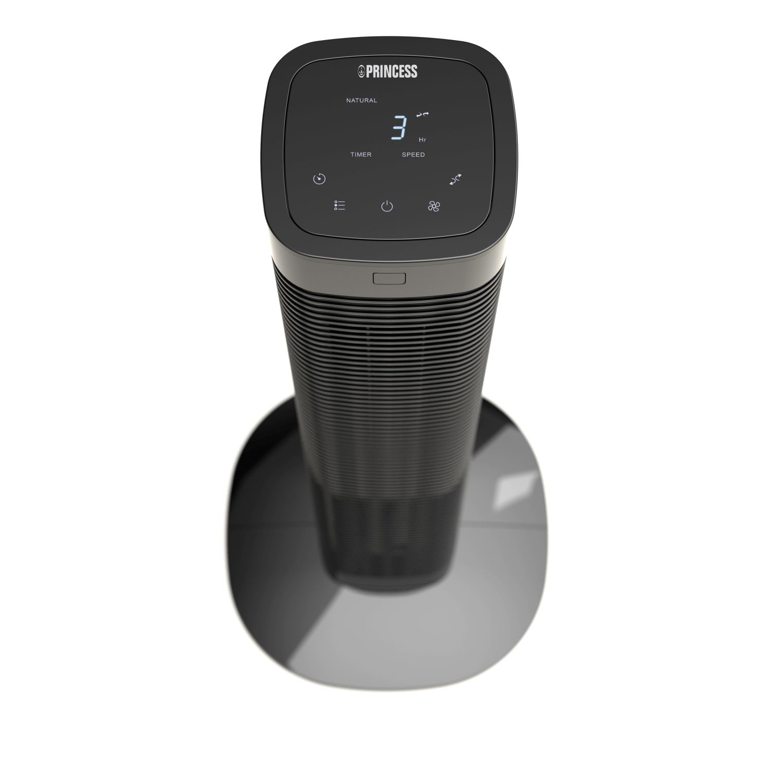 Ventilateur tour noir avec écran numérique et commandes sur une base ronde.
