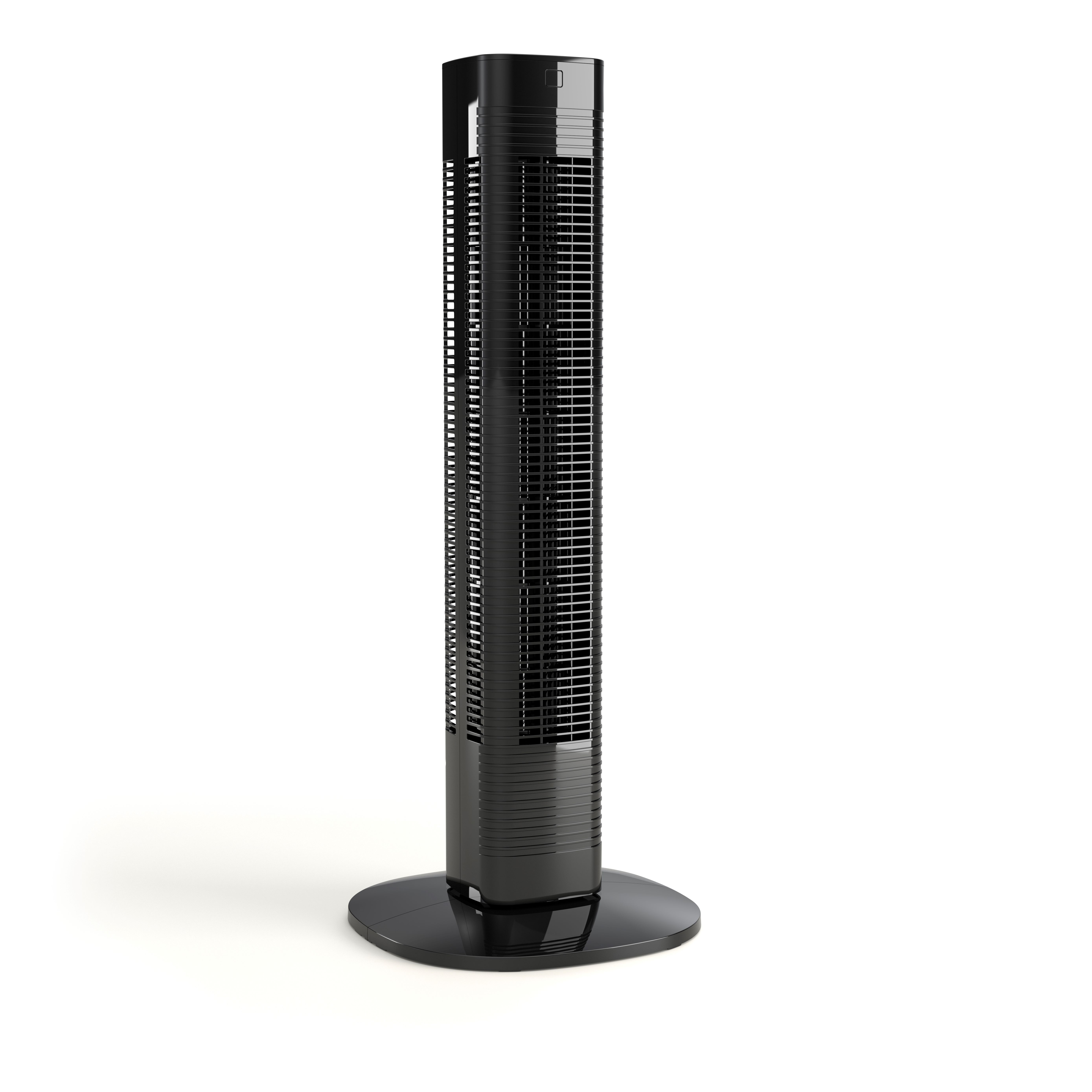Un ventilateur tour noir et épuré avec une base ronde sur fond blanc.
