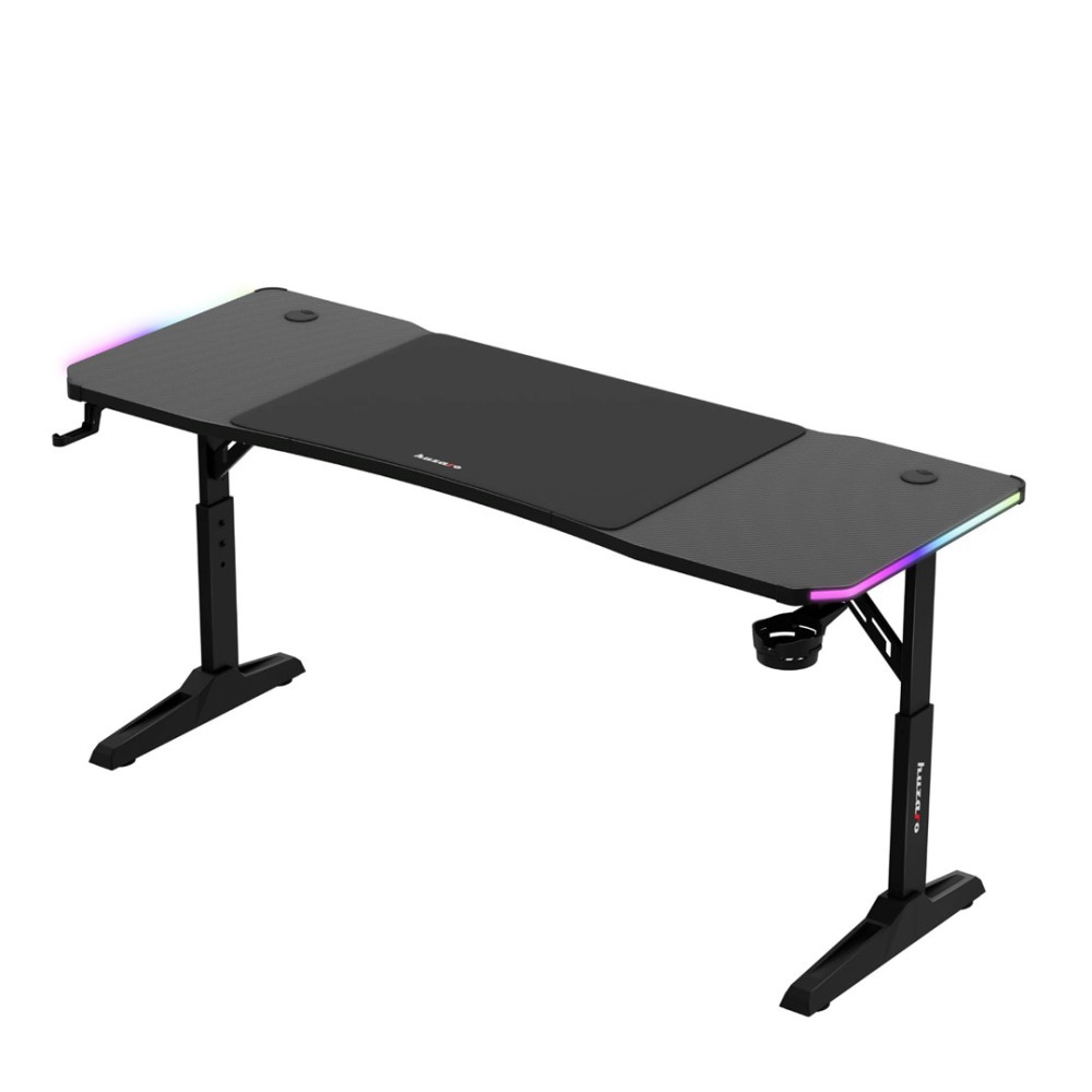 Czarny biurko gamingowe z oświetleniem RGB i uchwytem na kubek.