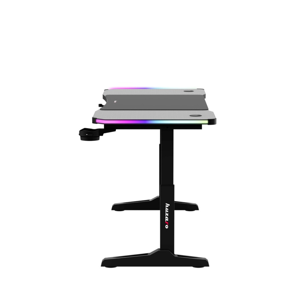 Czarny biurko gamingowe z podświetleniem RGB na krawędziach i uchwytem.