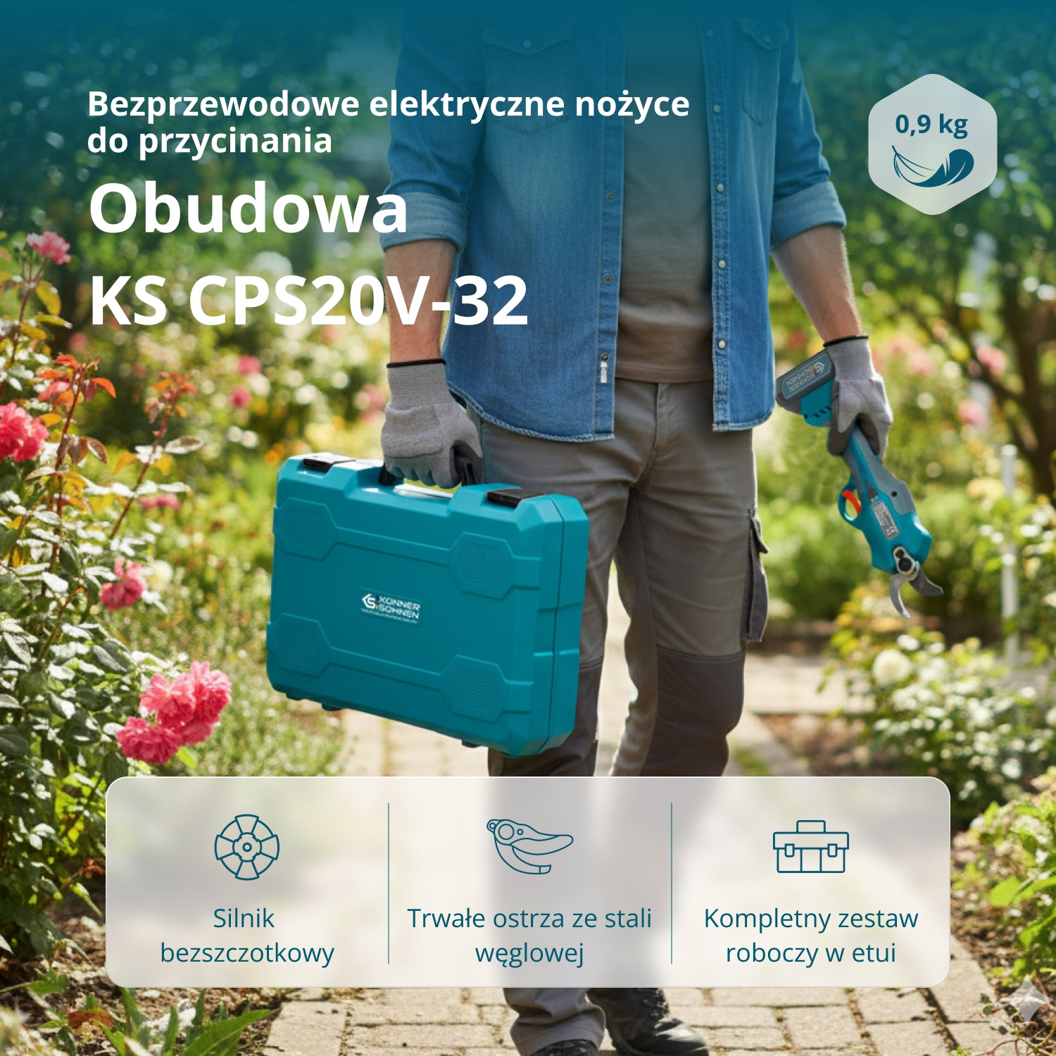 Mężczyzna w ogrodzie z nożycami akumulatorowymi, etui i ikonami. 0,9 kg.