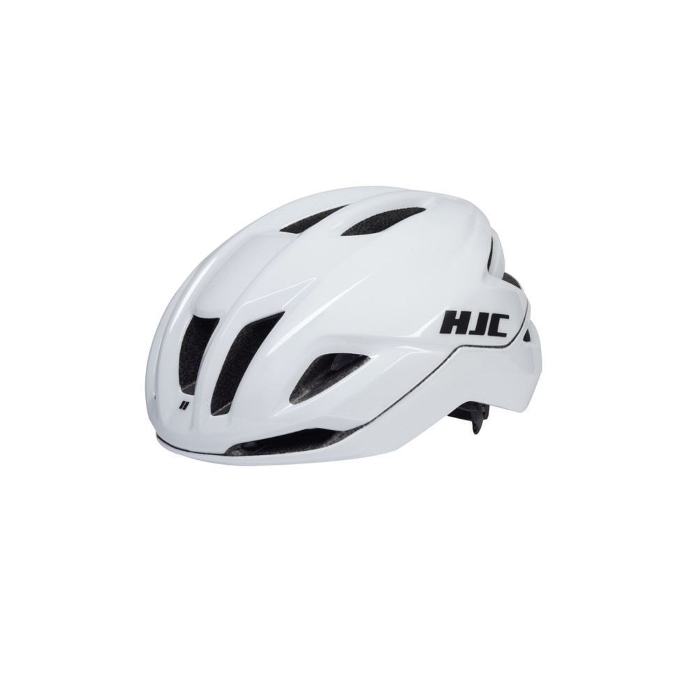 Biały kask rowerowy z otworami wentylacyjnymi i logo HJC.