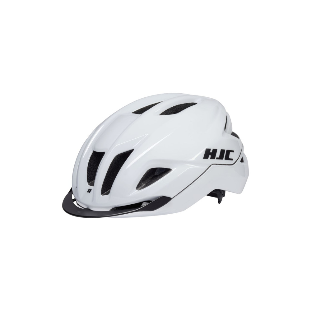 Biały kask rowerowy z czarnymi otworami wentylacyjnymi i logo HJC.
