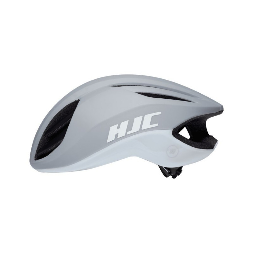 Szary kask rowerowy z białym logo HJC, aerodynamiczny design.