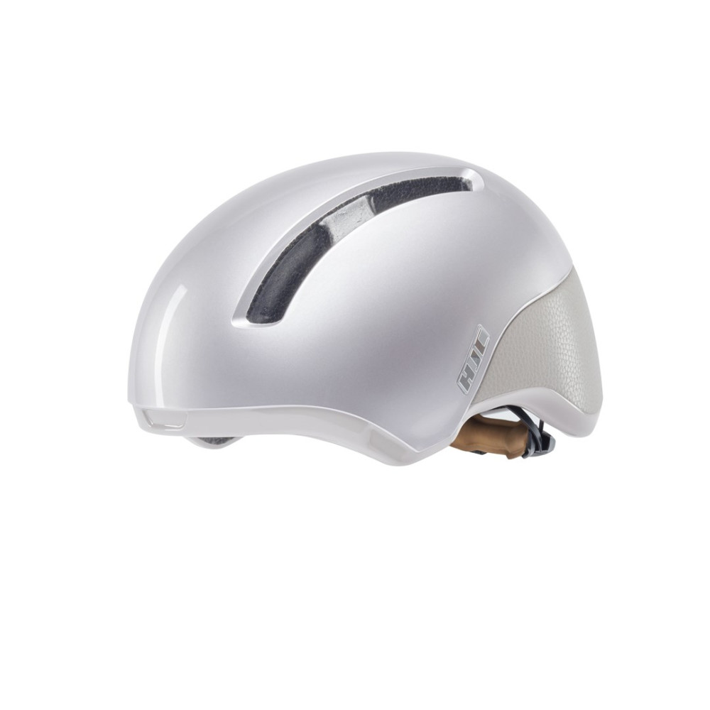 Srebrny kask rowerowy z logo HJC i brązowymi paskami.