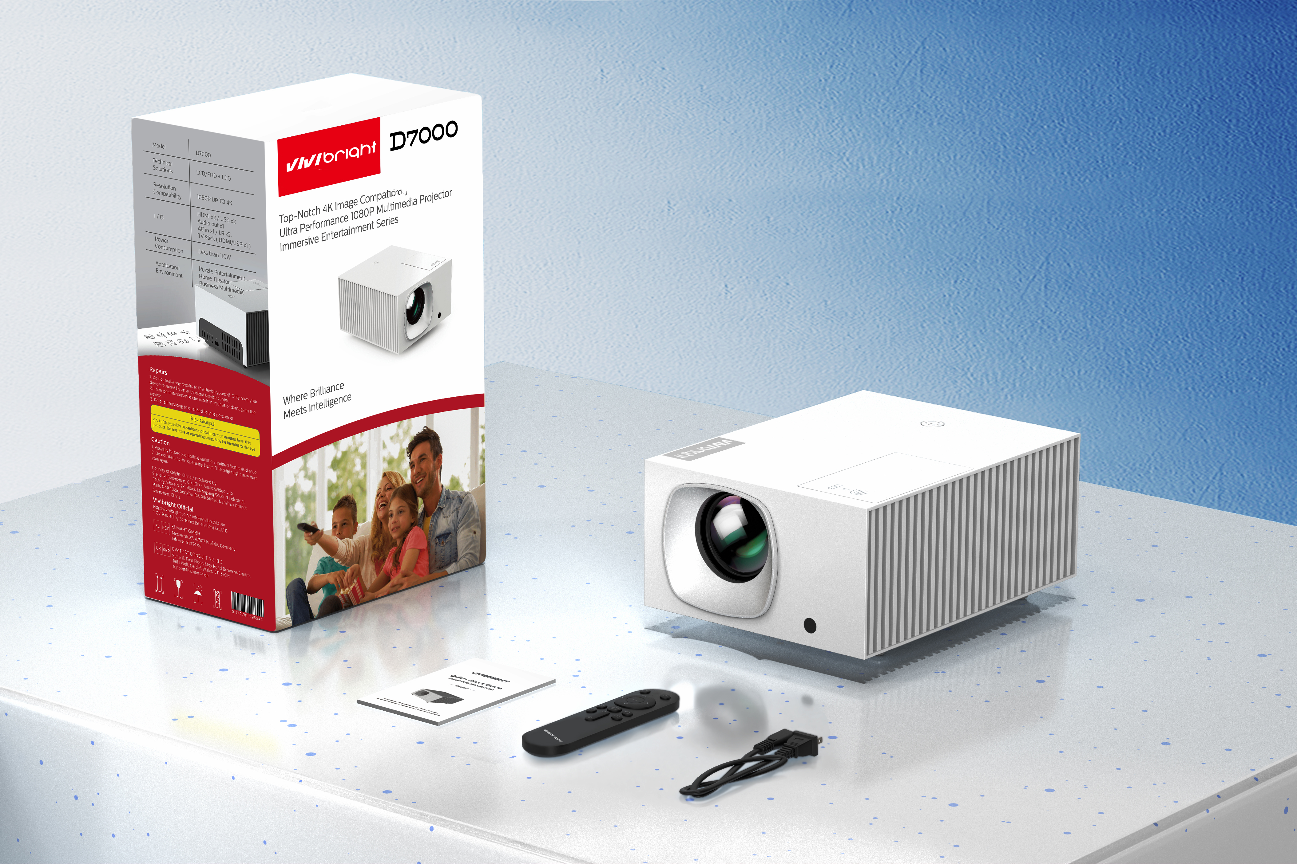 Un proyector Vivibright D7000 blanco con accesorios y embalaje.