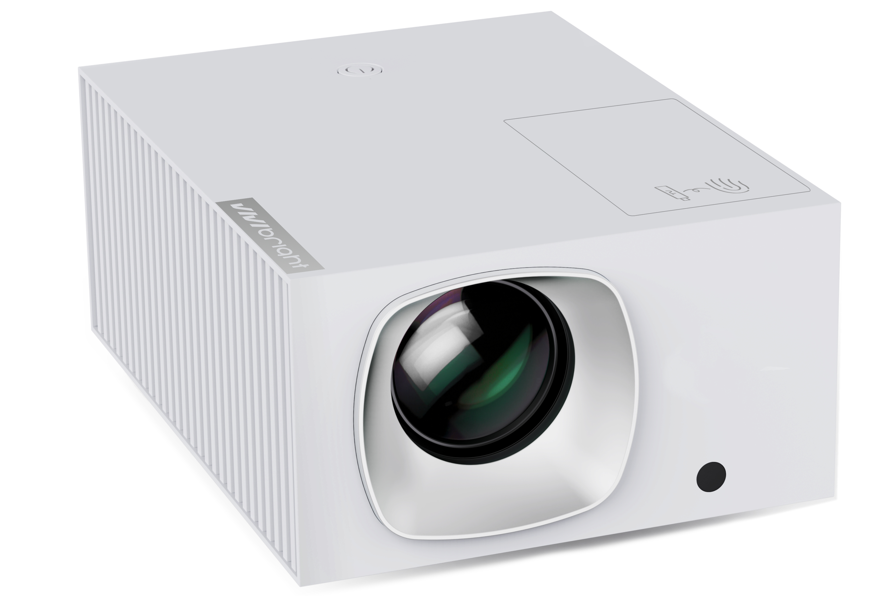 Un proyector blanco con lateral acanalado y lente.
