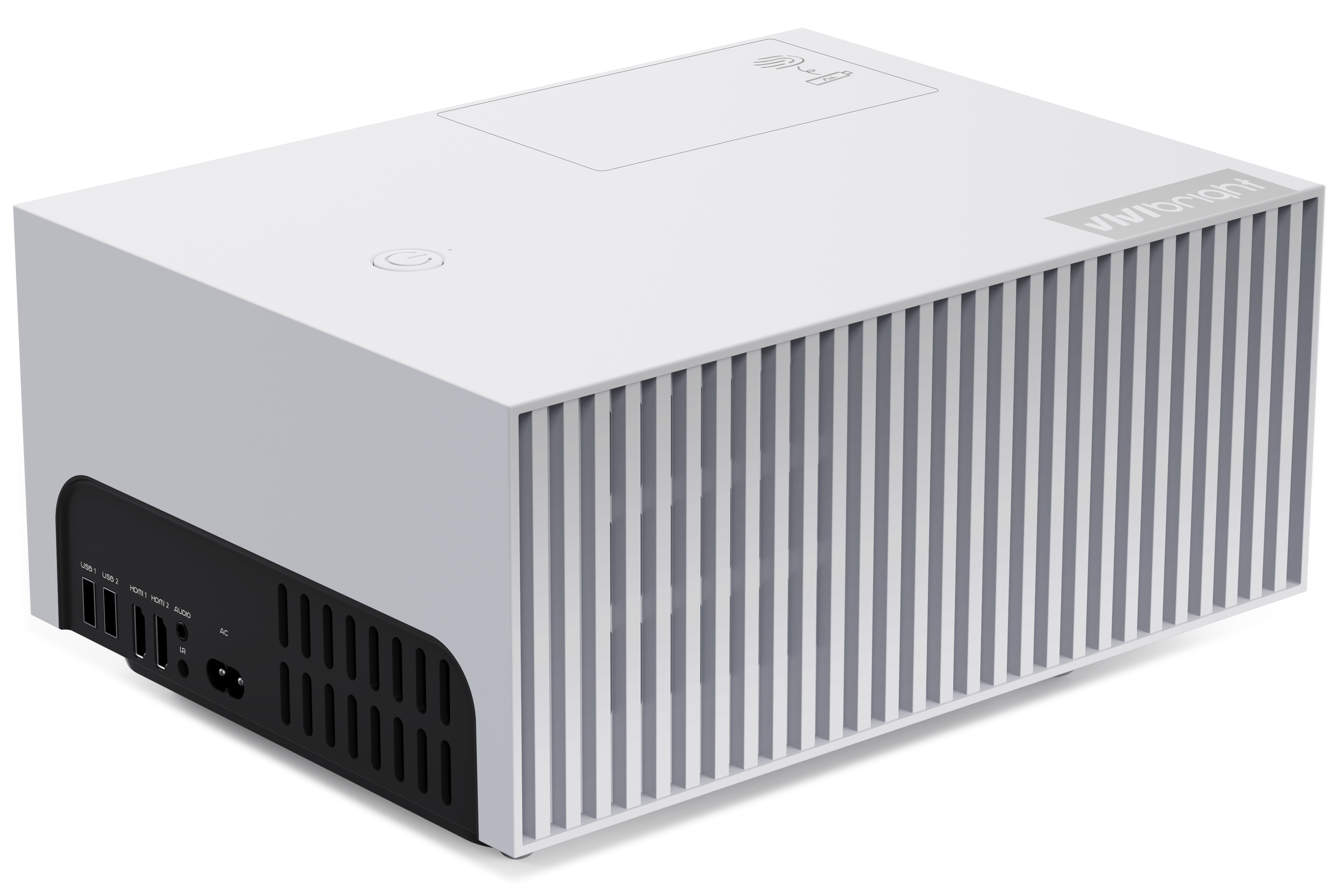 Un proyector blanco con rejillas grises verticales y puertos.