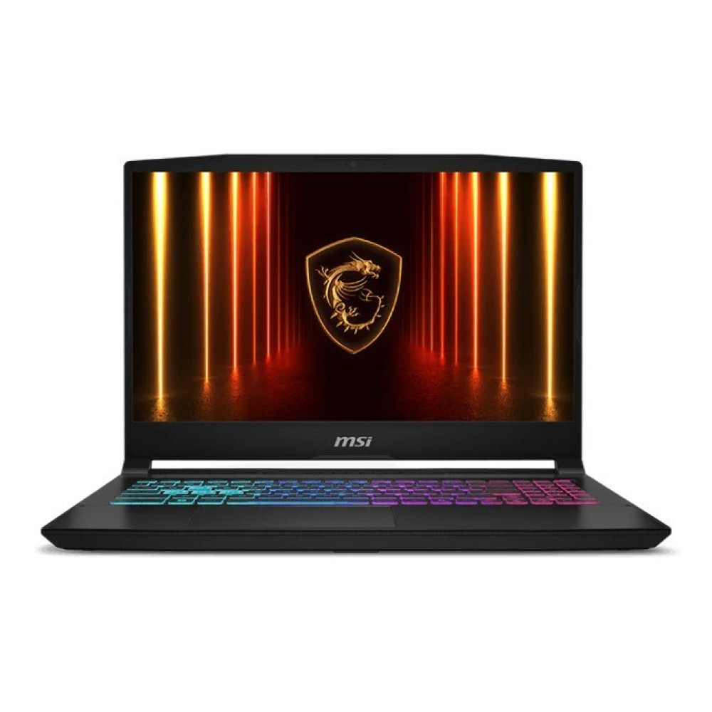 Czarny laptop gamingowy MSI z logo smoka na ekranie i kolorową klawiaturą.