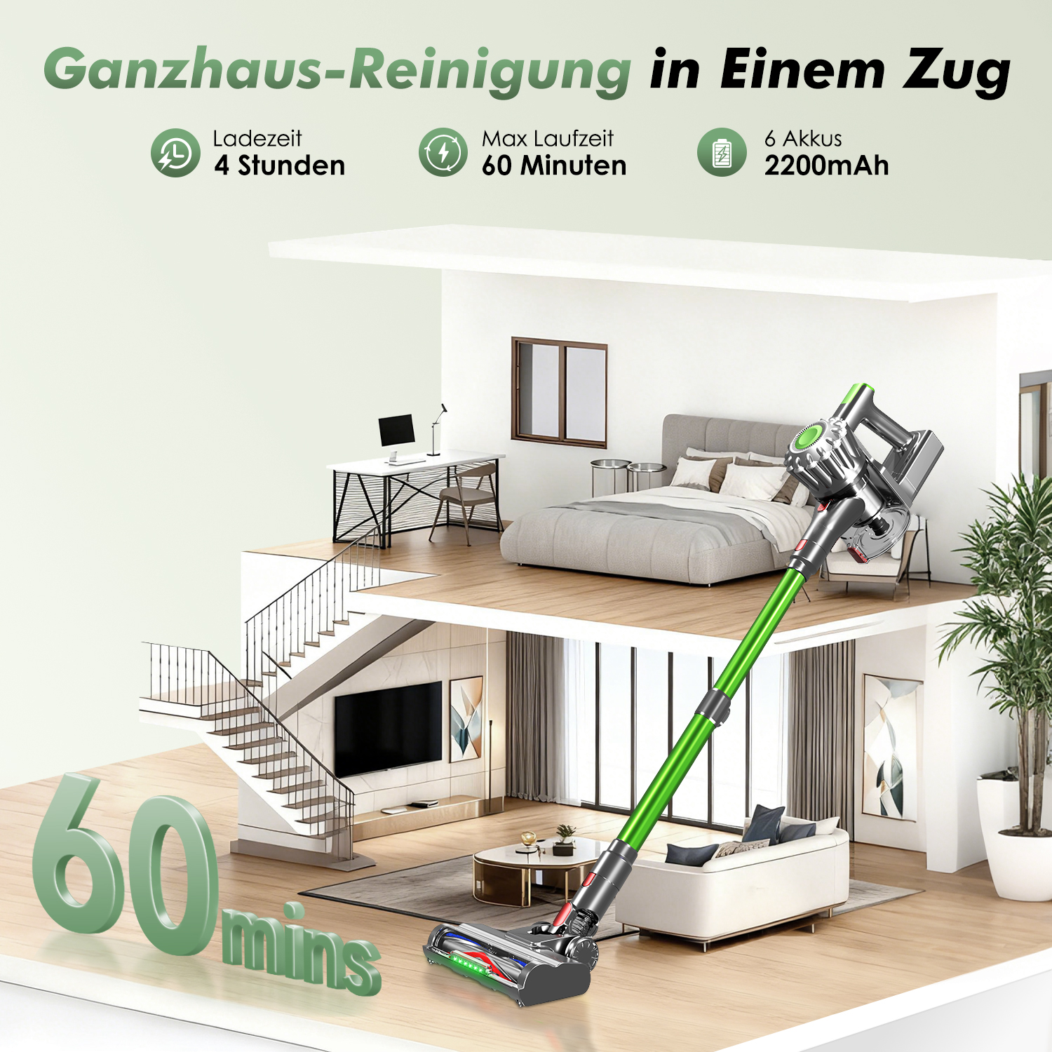 Kabelloser Staubsauger in einem modernen Haus mit 3 Etagen. Ladezeit 4h, Laufzeit 60 Min.