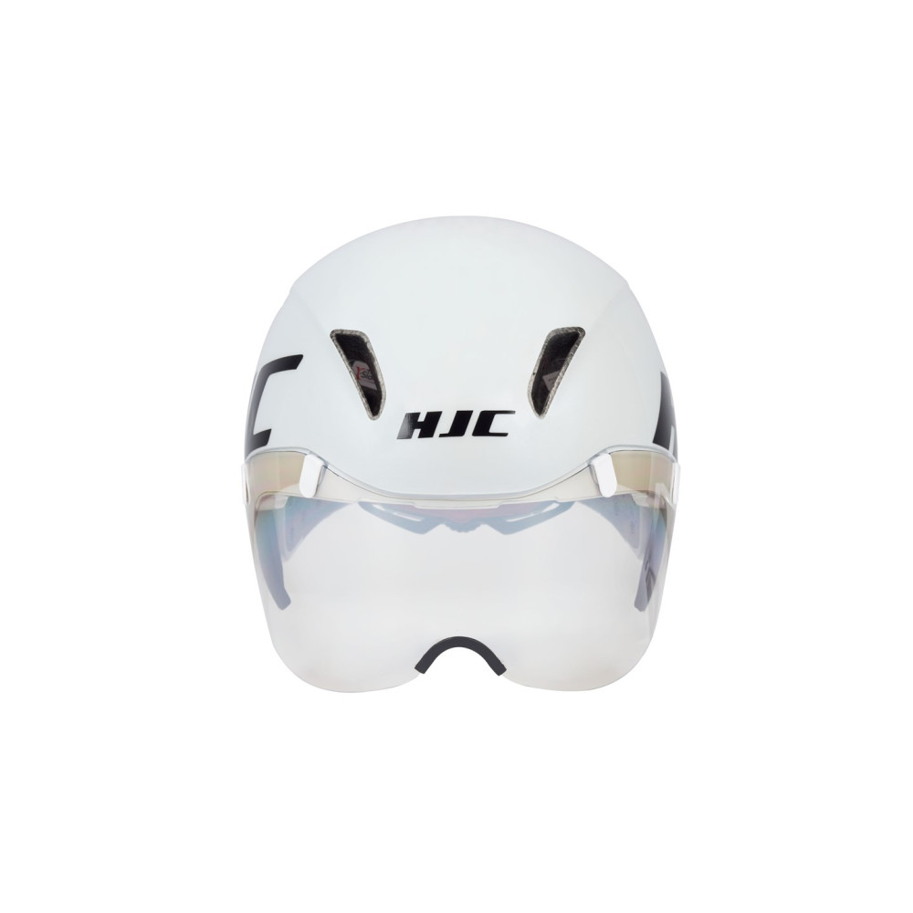 Biały kask rowerowy z wizjerem i logo HJC.