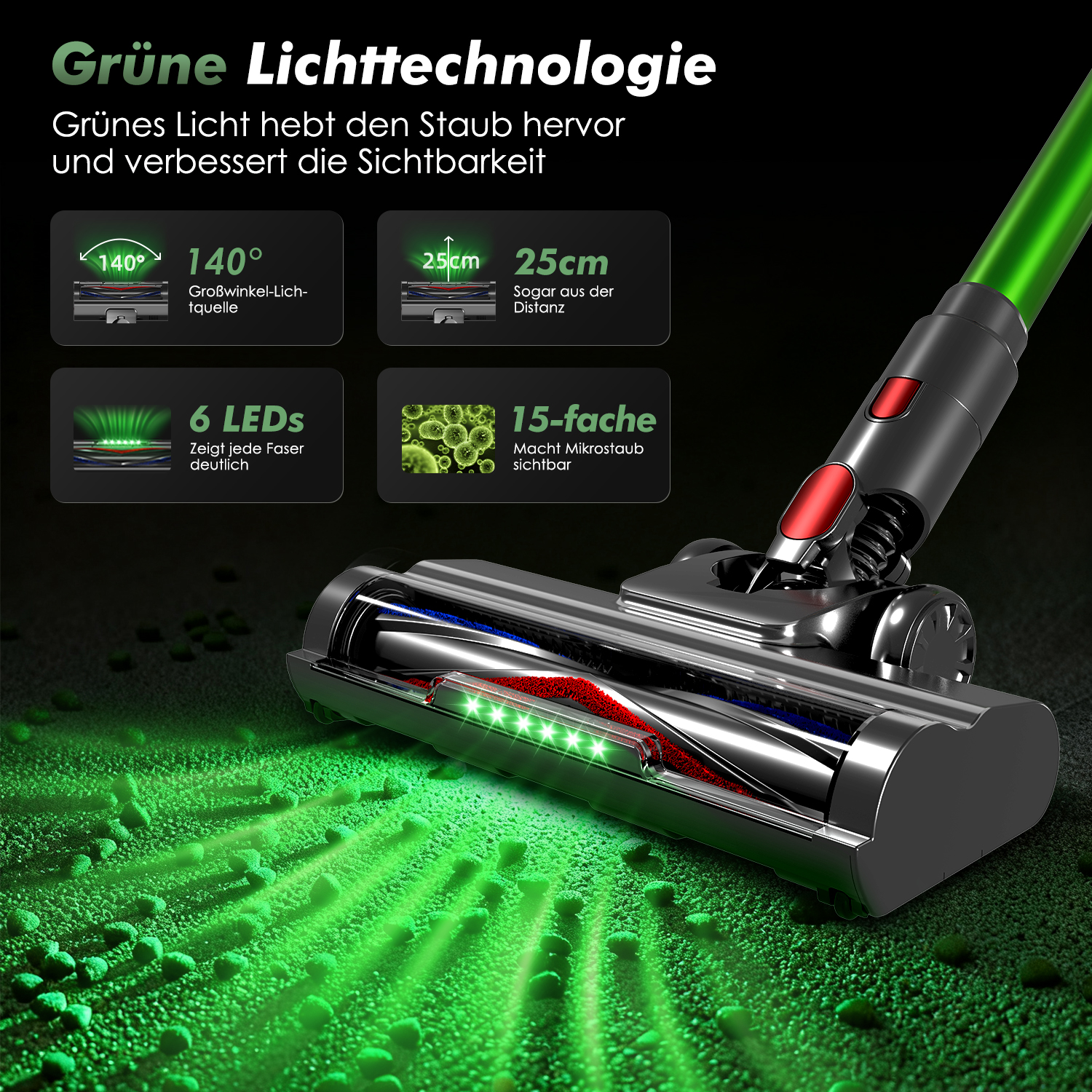 Staubsauger mit grüner LED-Technologie, die Staub und Mikropartikel beleuchtet.