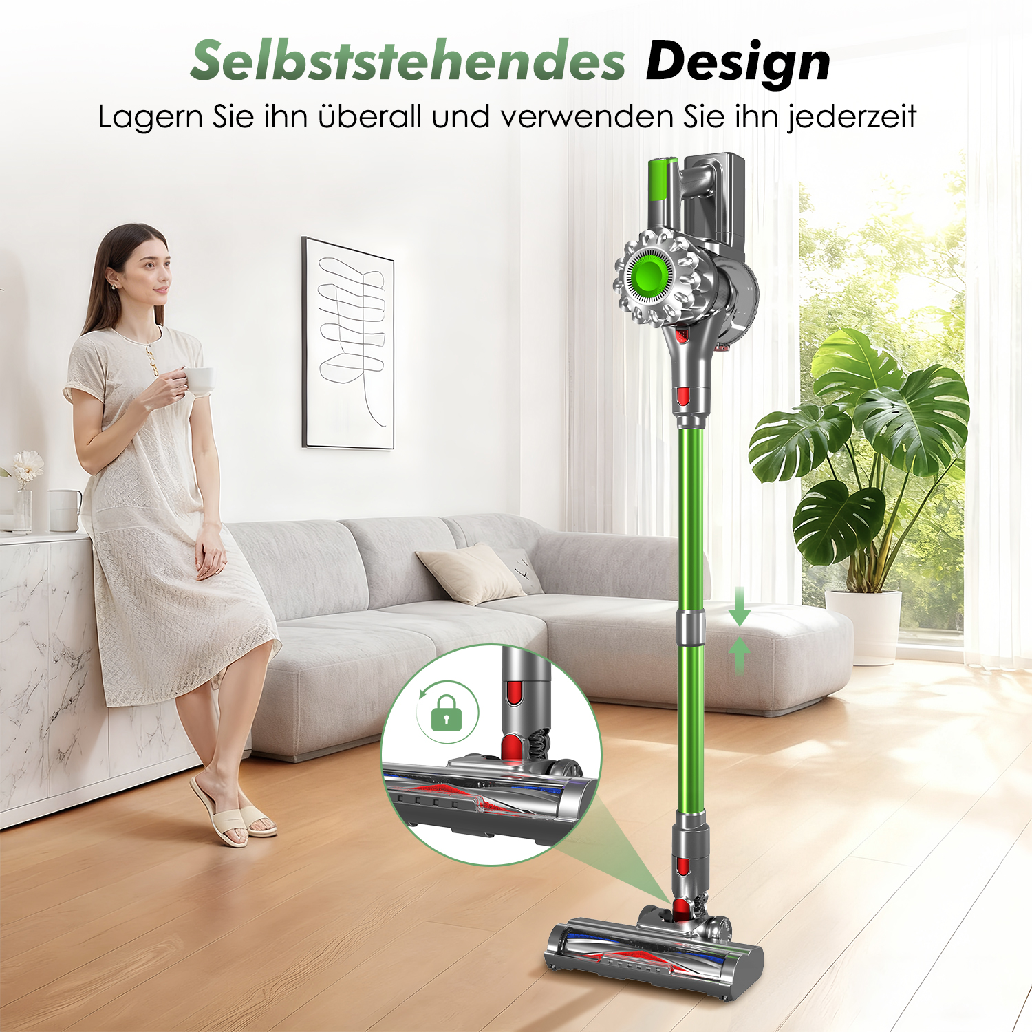 Ein Frau trinkt Kaffee neben einem Staubsauger. Detailansicht eines Bürstenkopfs.
