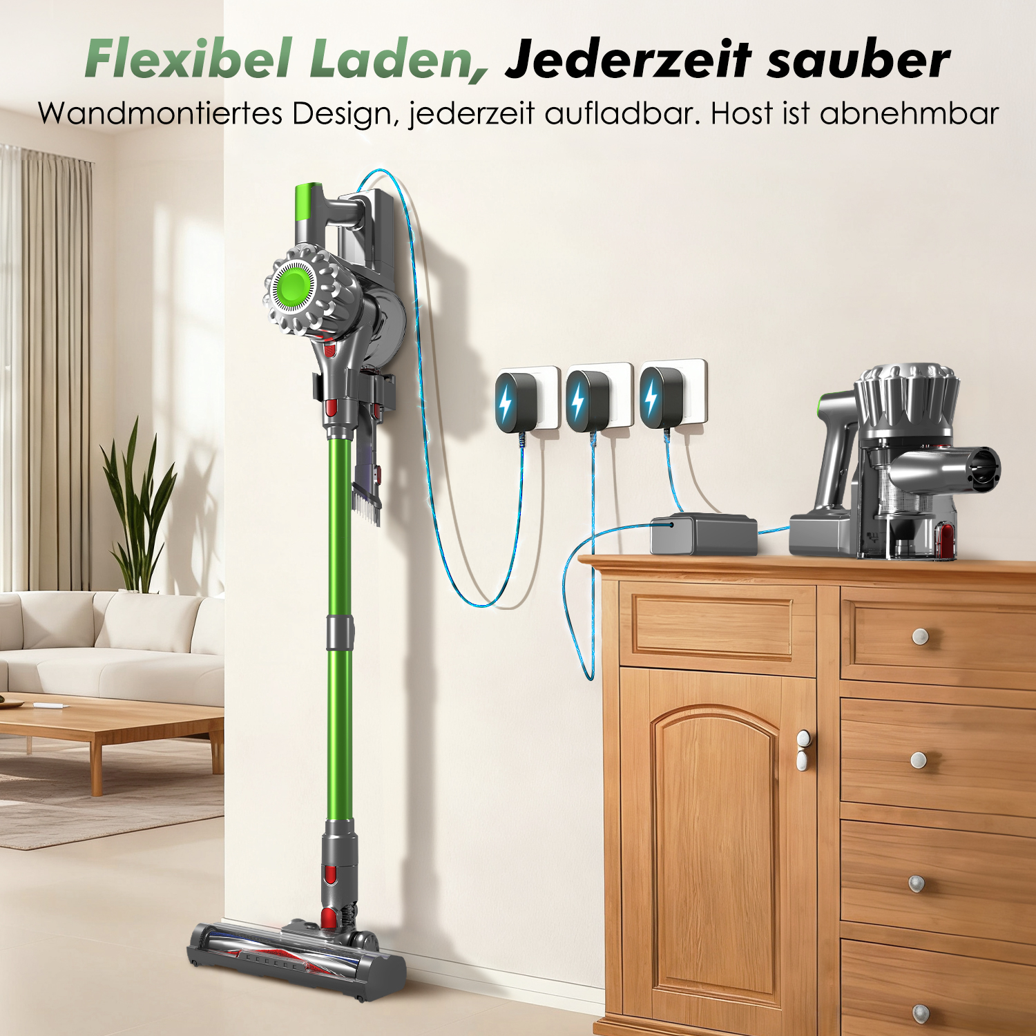 Zwei Staubsauger, einer lädt an der Wand, der andere auf einer Kommode.