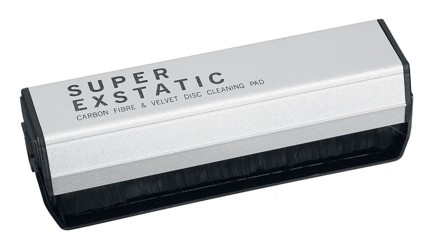 Srebrna szczotka do płyt winylowych z czarnym włosiem i napisem: SUPER EXSTATIC.