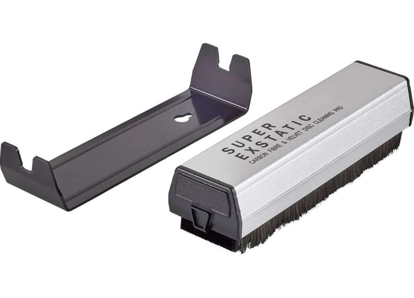 Srebrny czyścik do płyt z szczotkami i czarny uchwyt.