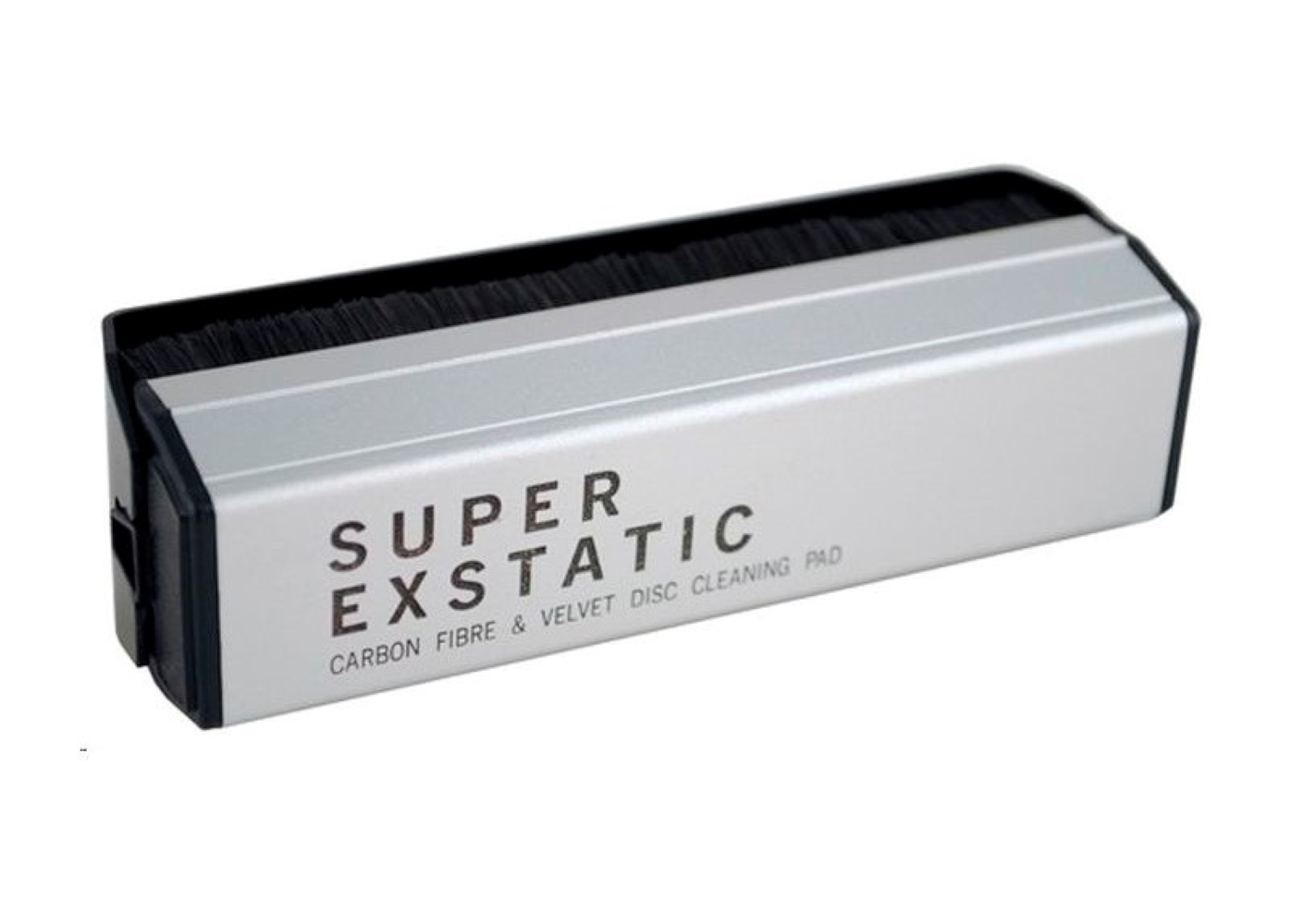 Srebrny czyścik do płyt z czarnym włosiem i napisem.