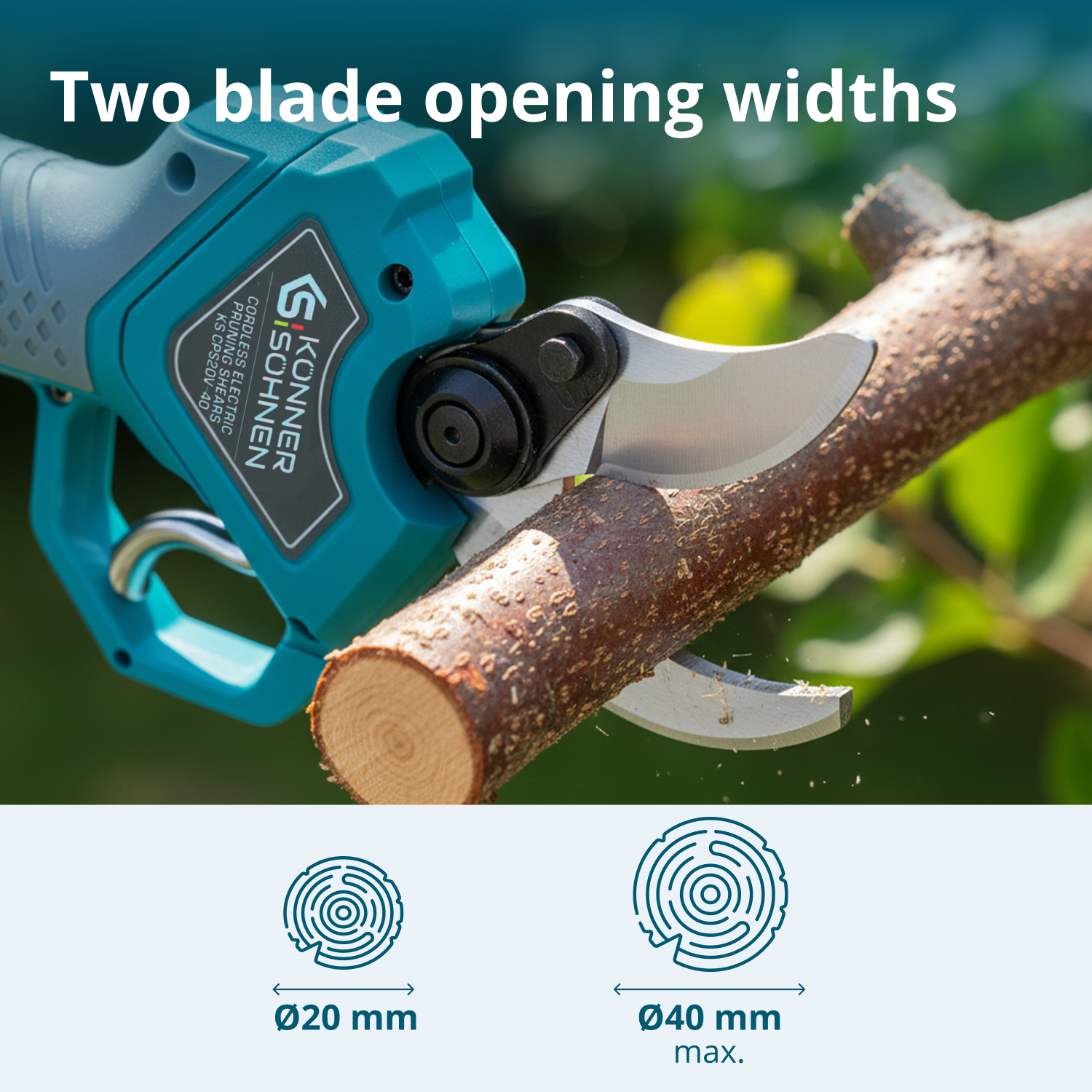 Sekator elektryczny tnie gałąź. Pokazuje szerokości otwarcia 20mm i 40mm.