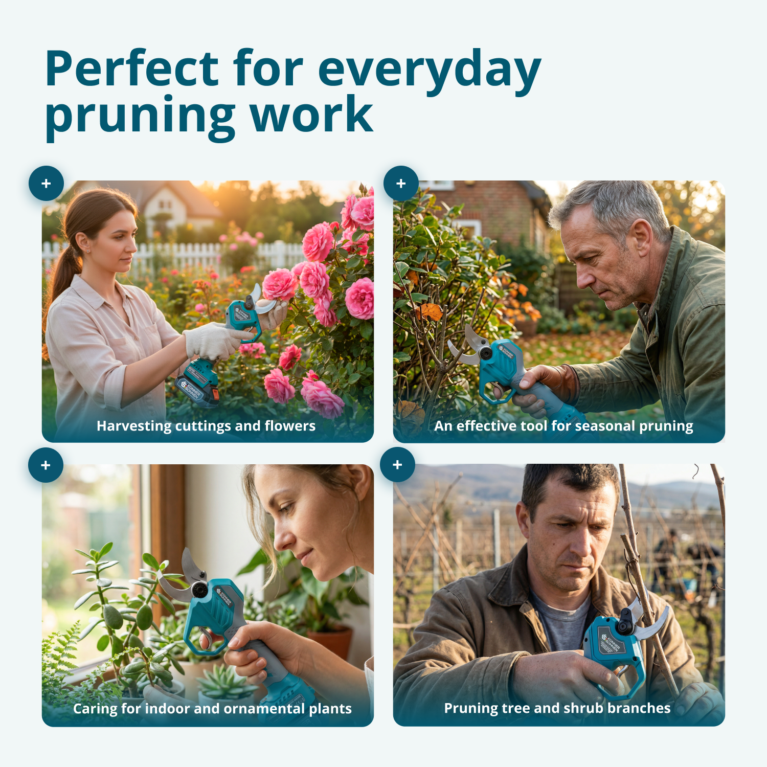 Kolaż czterech zdjęć z prac przycinania: kobieta z różami, mężczyzna przycinający krzew, kobieta z roślinami domowymi, mężczyzna przycinający gałęzie.