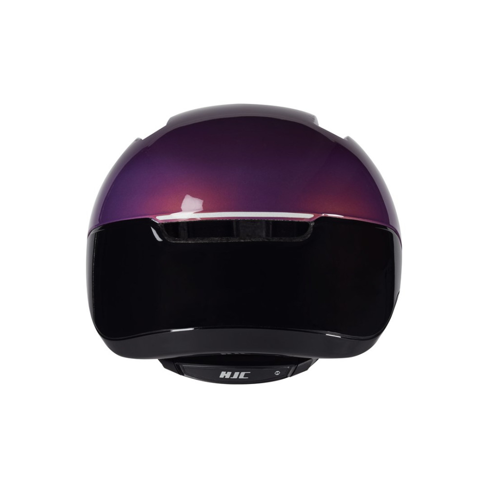 Fioletowy i czarny kask motocyklowy z logo HJC, widziany z góry.