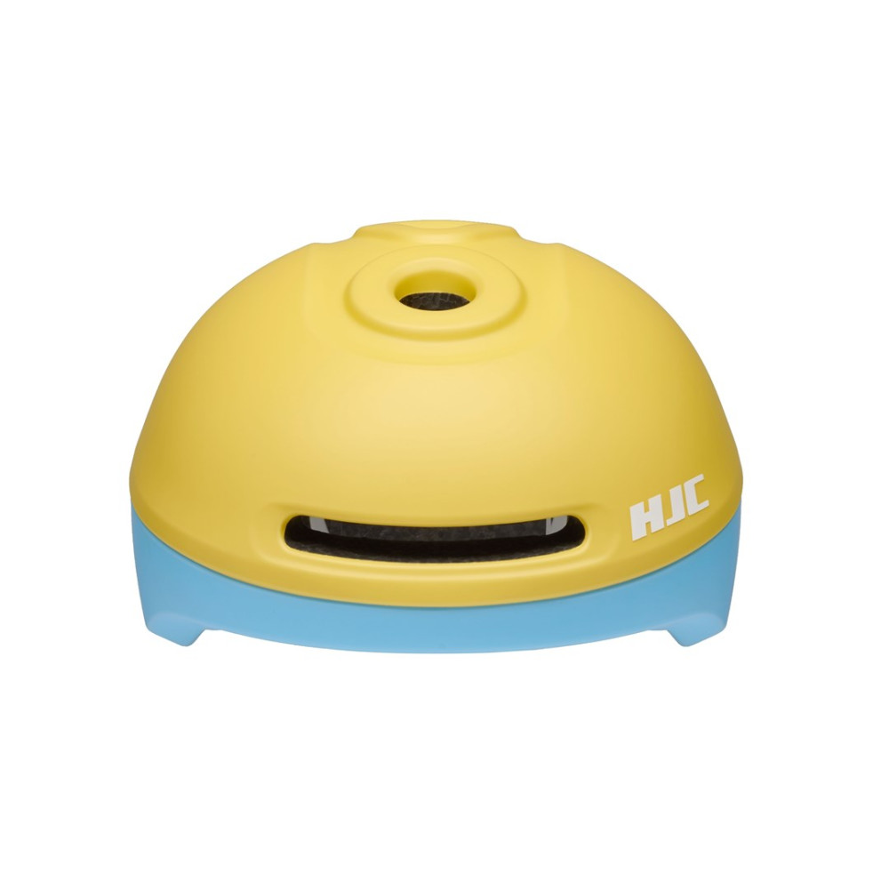 Żółty kask z jasnoniebieską obręczą. Logo HJC po boku.