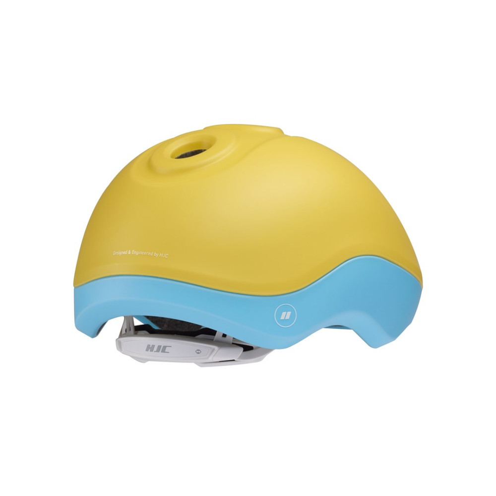 Żółty kask z niebieskim paskiem i mechanizmem regulacji.