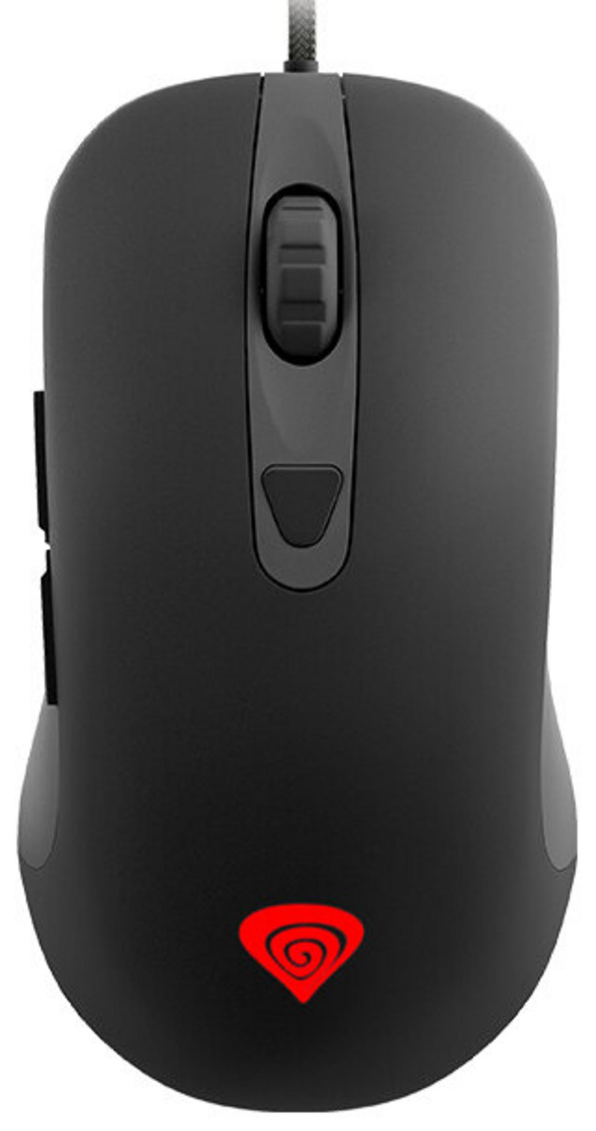 Czarna mysz komputerowa z czerwonym logo, kółkiem przewijania i przyciskami bocznymi.