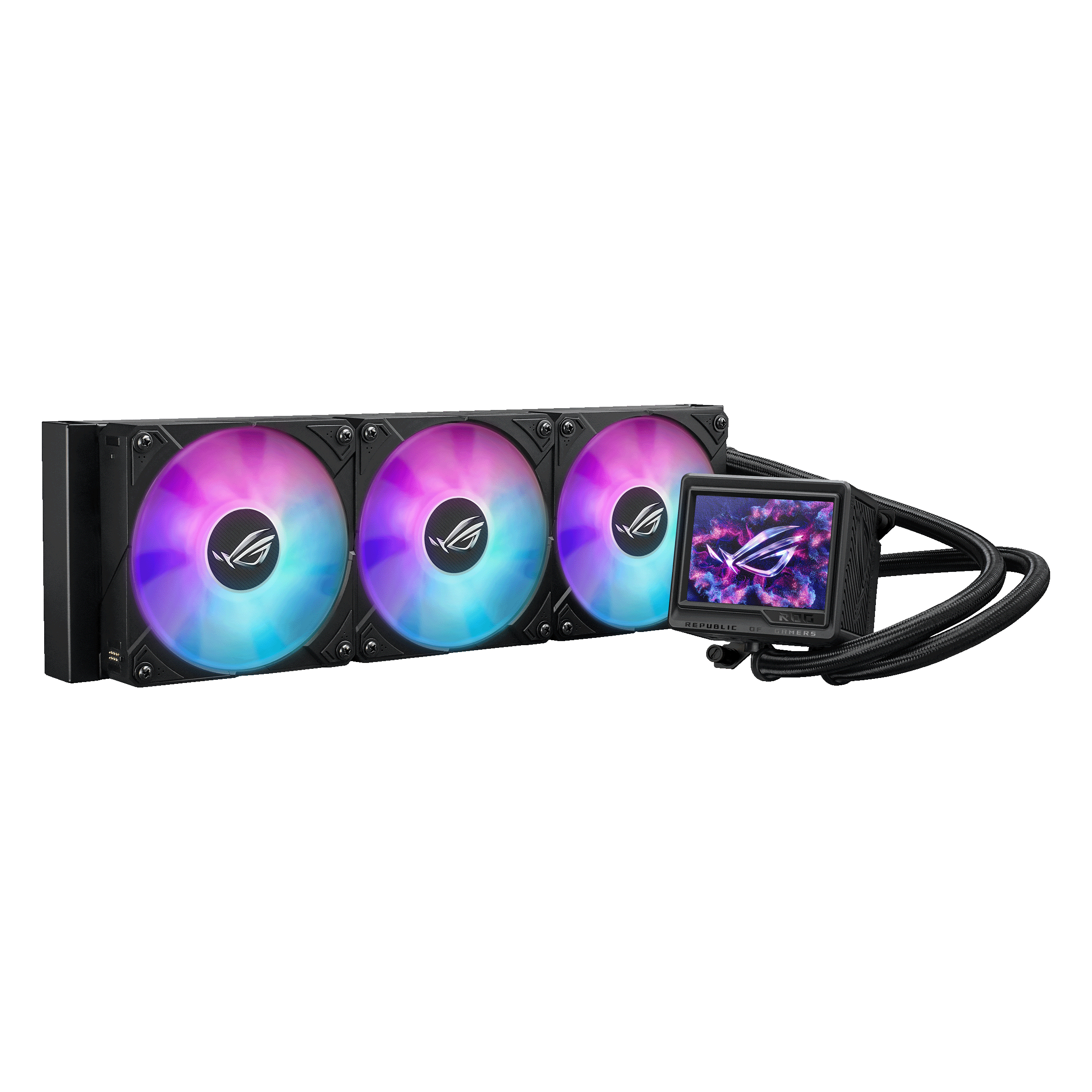 Chłodnica CPU z trzema wentylatorami RGB i małym ekranem.