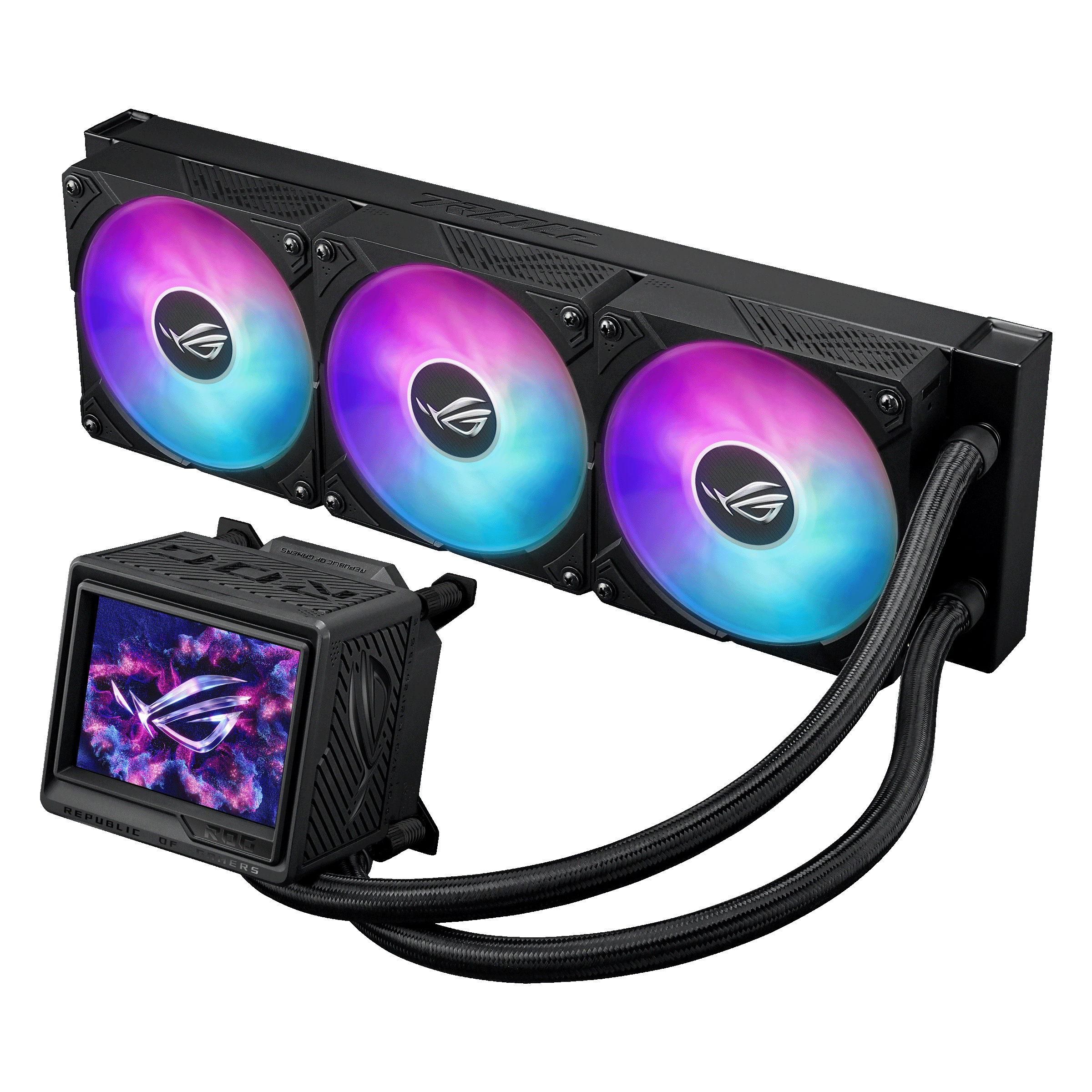 Czarna chłodnica CPU z trzema wentylatorami RGB i małym ekranem.
