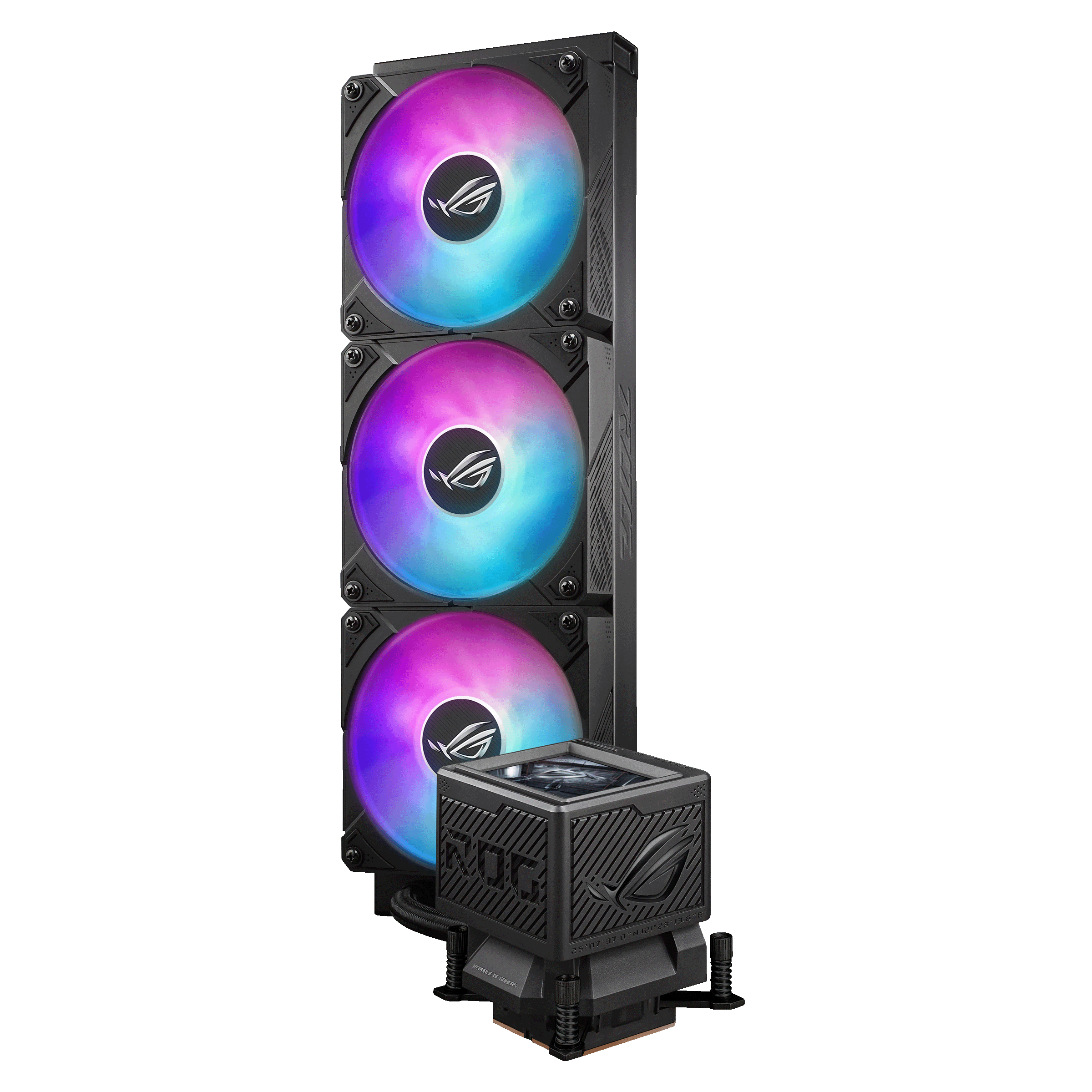 Czarny wentylator komputerowy z oświetleniem RGB i logo ROG.
