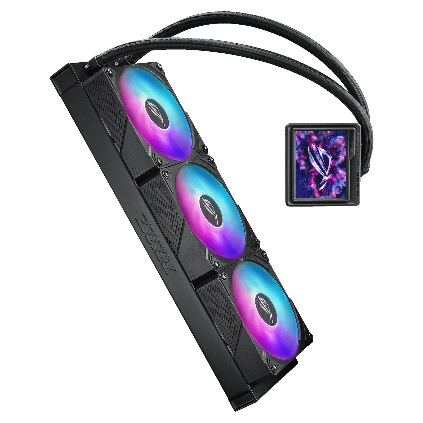 Czarna chłodnica CPU z trzema wentylatorami RGB i małym wyświetlaczem.