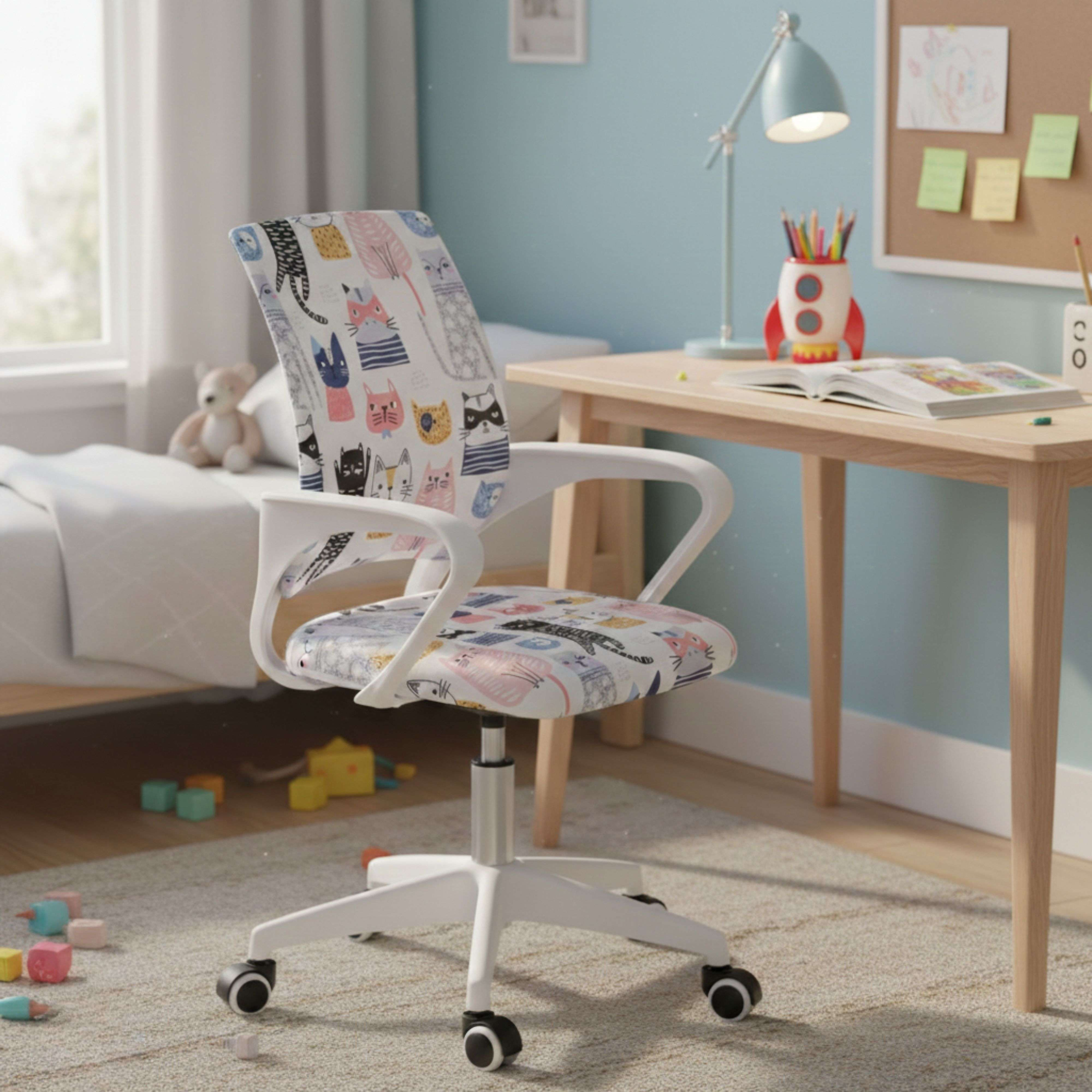 Una silla de oficina blanca con estampado de gatos junto a un escritorio en una habitación infantil.