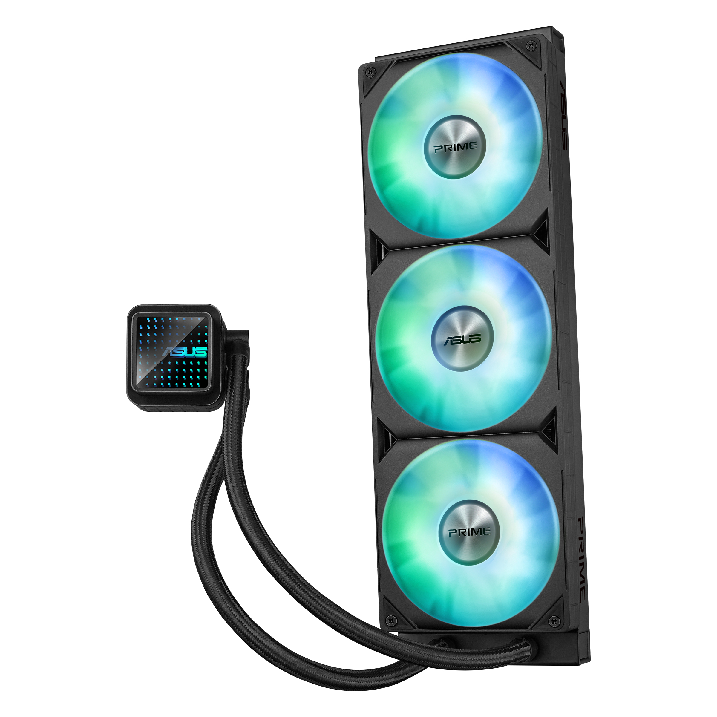 Czarna chłodnica CPU z trzema wentylatorami RGB i kwadratową głowicą pompy.