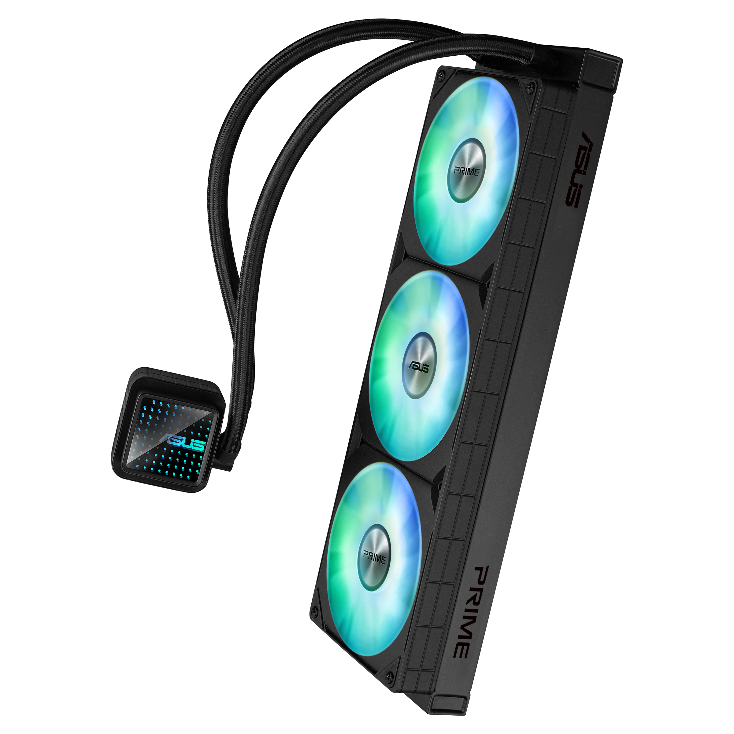 Czarna chłodnica cieczy ASUS z trzema wentylatorami RGB i cyfrowym wyświetlaczem.