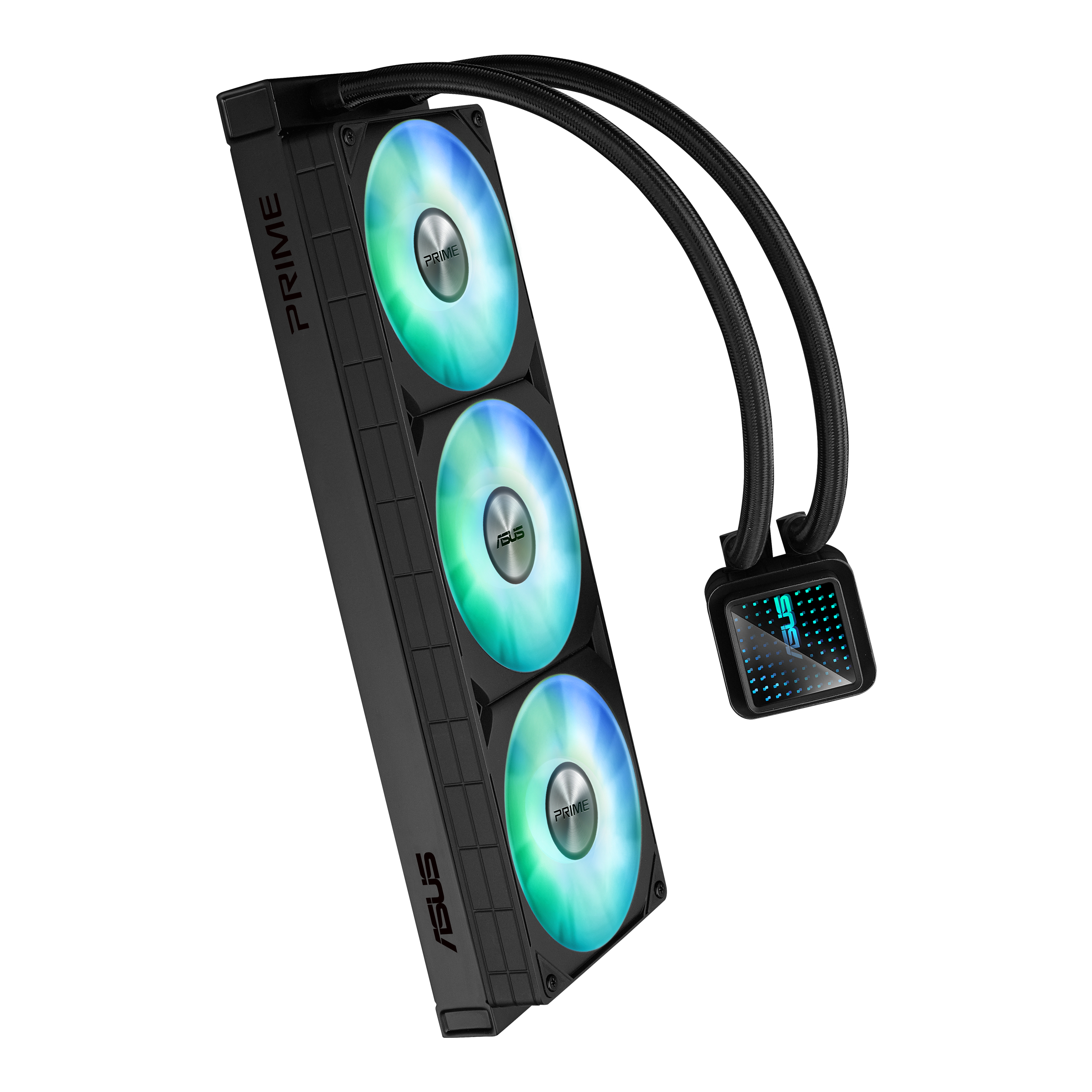 Czarna chłodnica PC z trzema wentylatorami i podświetleniem RGB.
