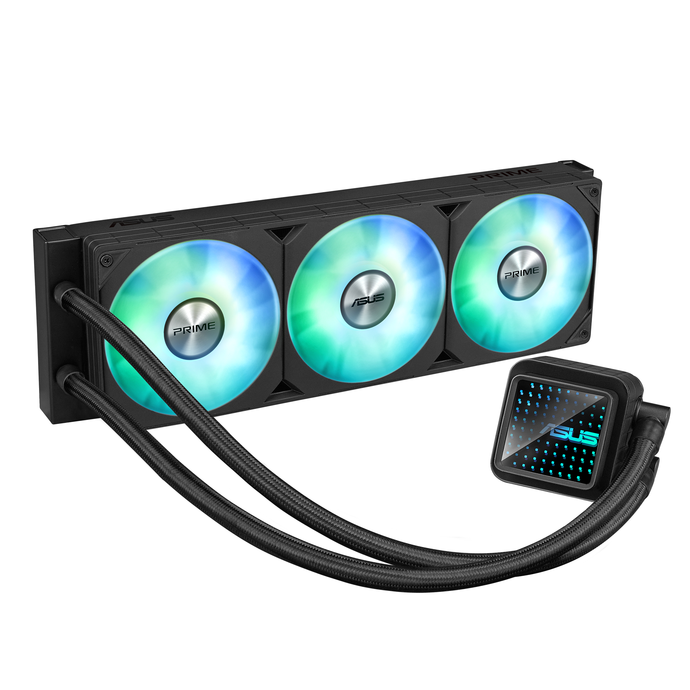 Czarny wentylator komputerowy z podświetleniem RGB i wężami.