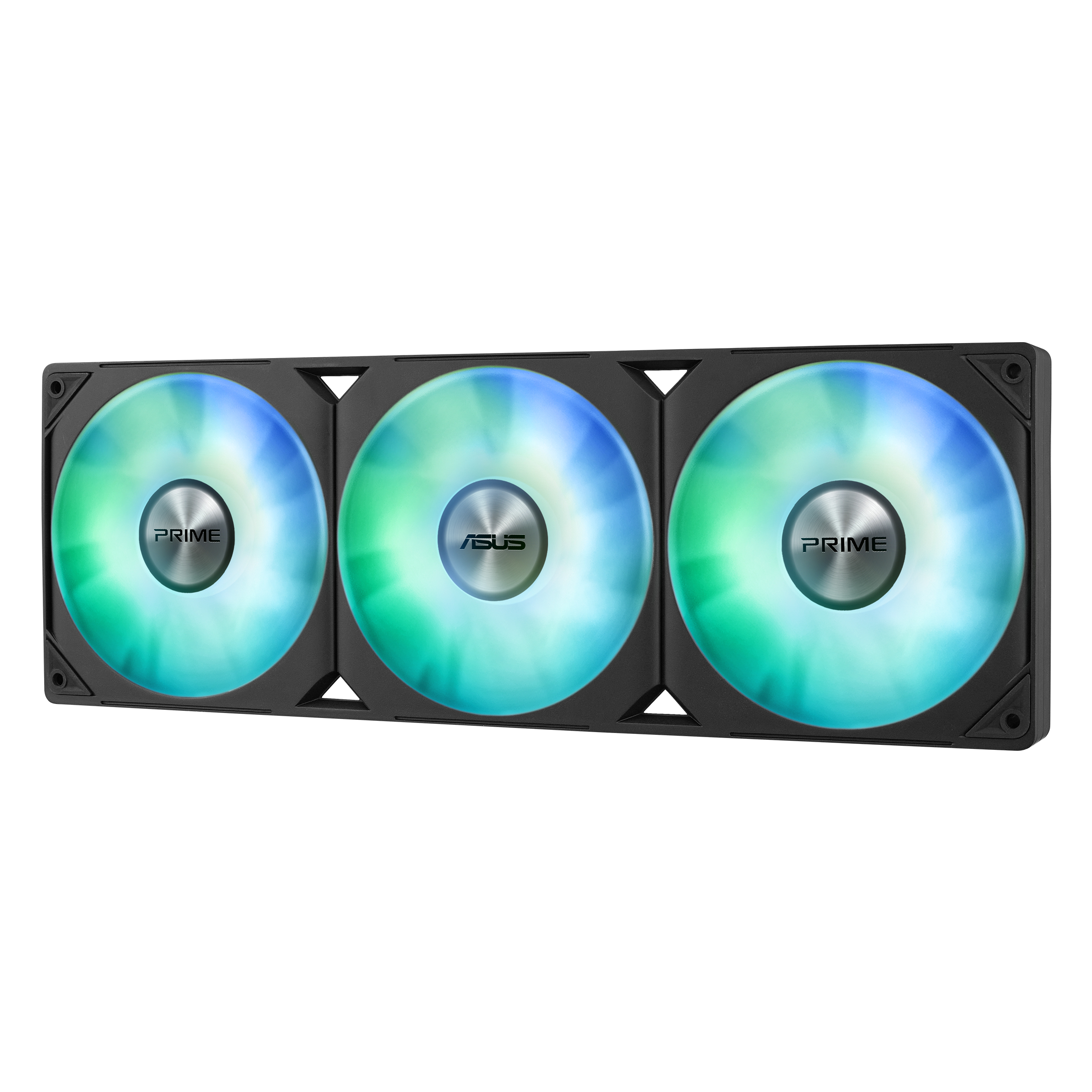 Trzy wentylatory ASUS z niebiesko-zielonym podświetleniem RGB.