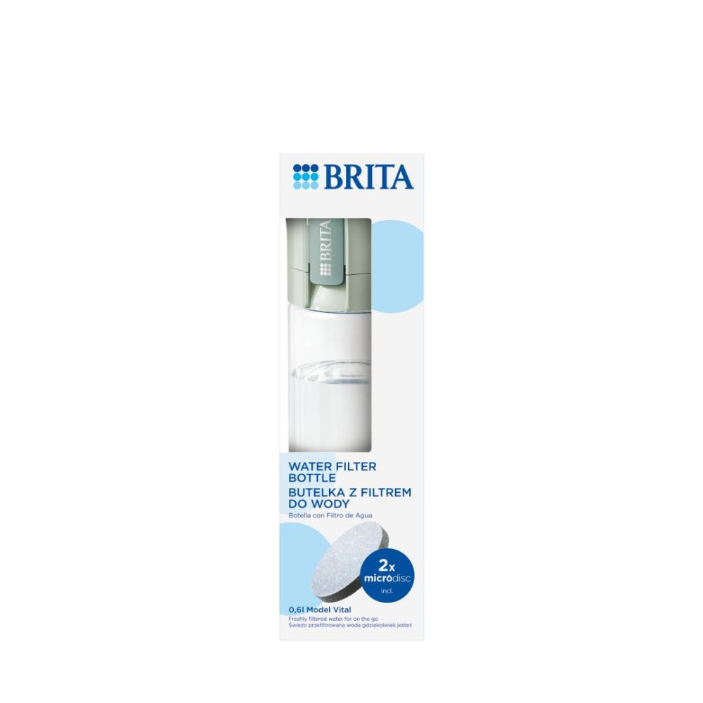 Botella Brita con filtro de agua, blanca y verde claro, con 2 filtros.