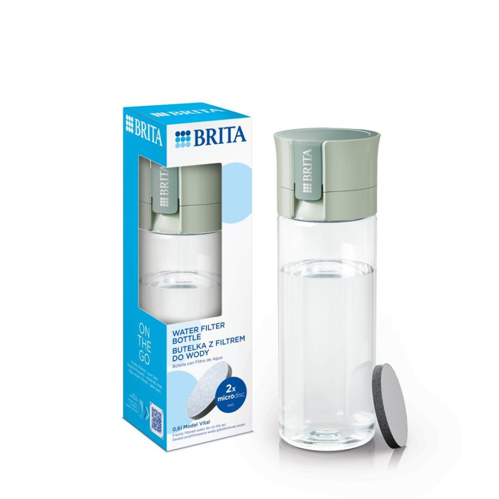 Botella y caja de filtro de agua Brita. Tapa verde, botella transparente. Incluye filtro.