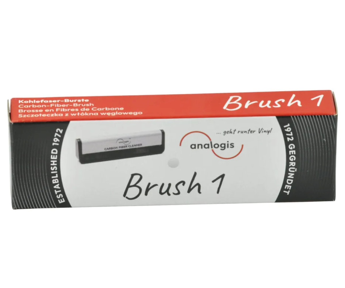 Confezione di una spazzola in fibra di carbonio con testo come 'Brush 1', 'analogis' e 'ESTABLISHED 1972'.
