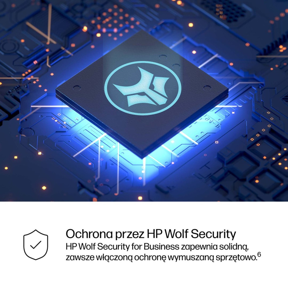 Zbliżenie procesora z logo HP Wolf Security na niebieskim tle.