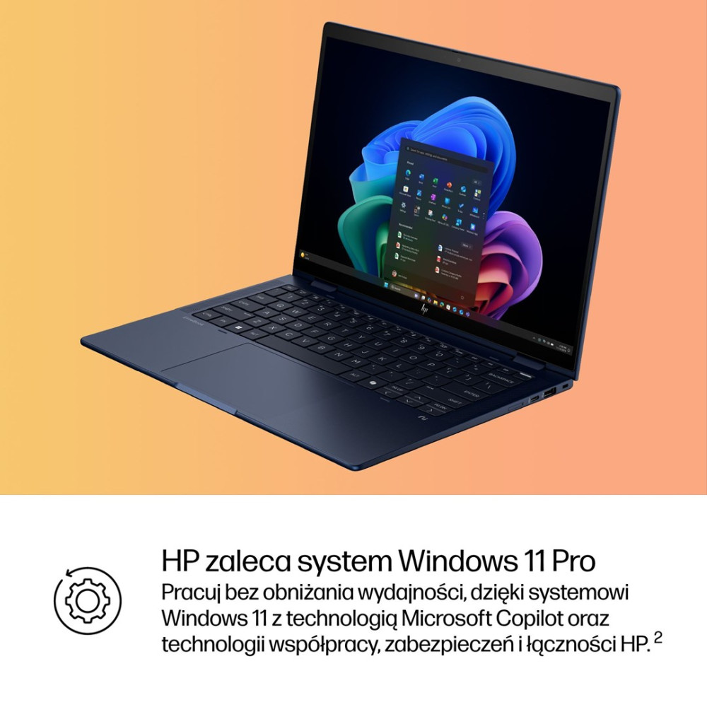 Ciemnoniebieski laptop HP wyświetlający system Windows 11.