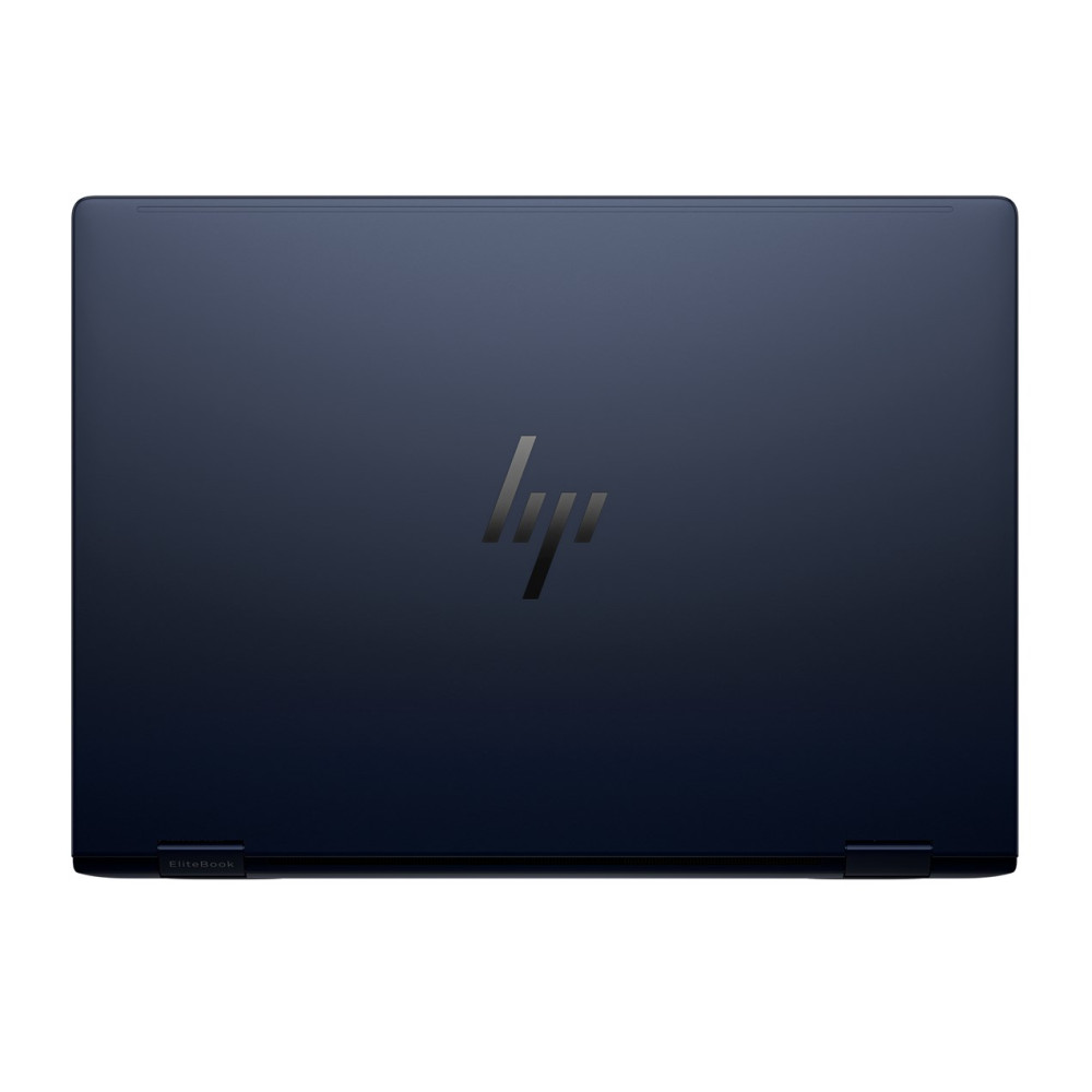 Ciemnoniebieski laptop HP Elitebook, zamknięty, z błyszczącym logo HP.