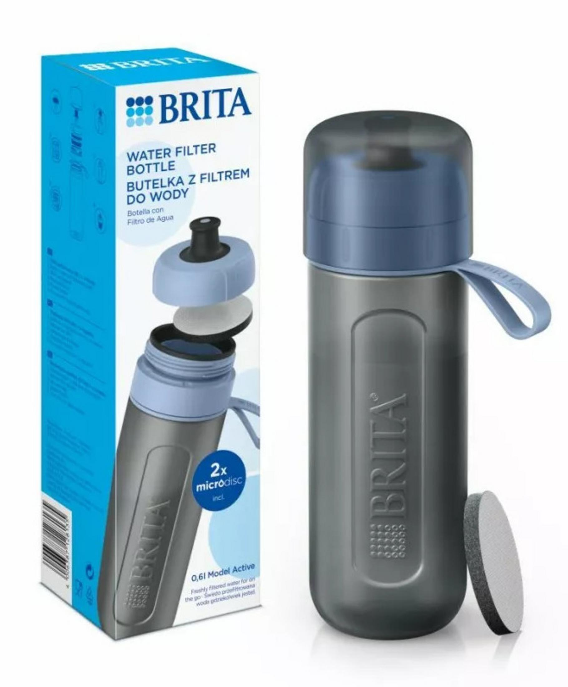 Borraccia filtrante Brita grigia con coperchio blu e disco filtrante.