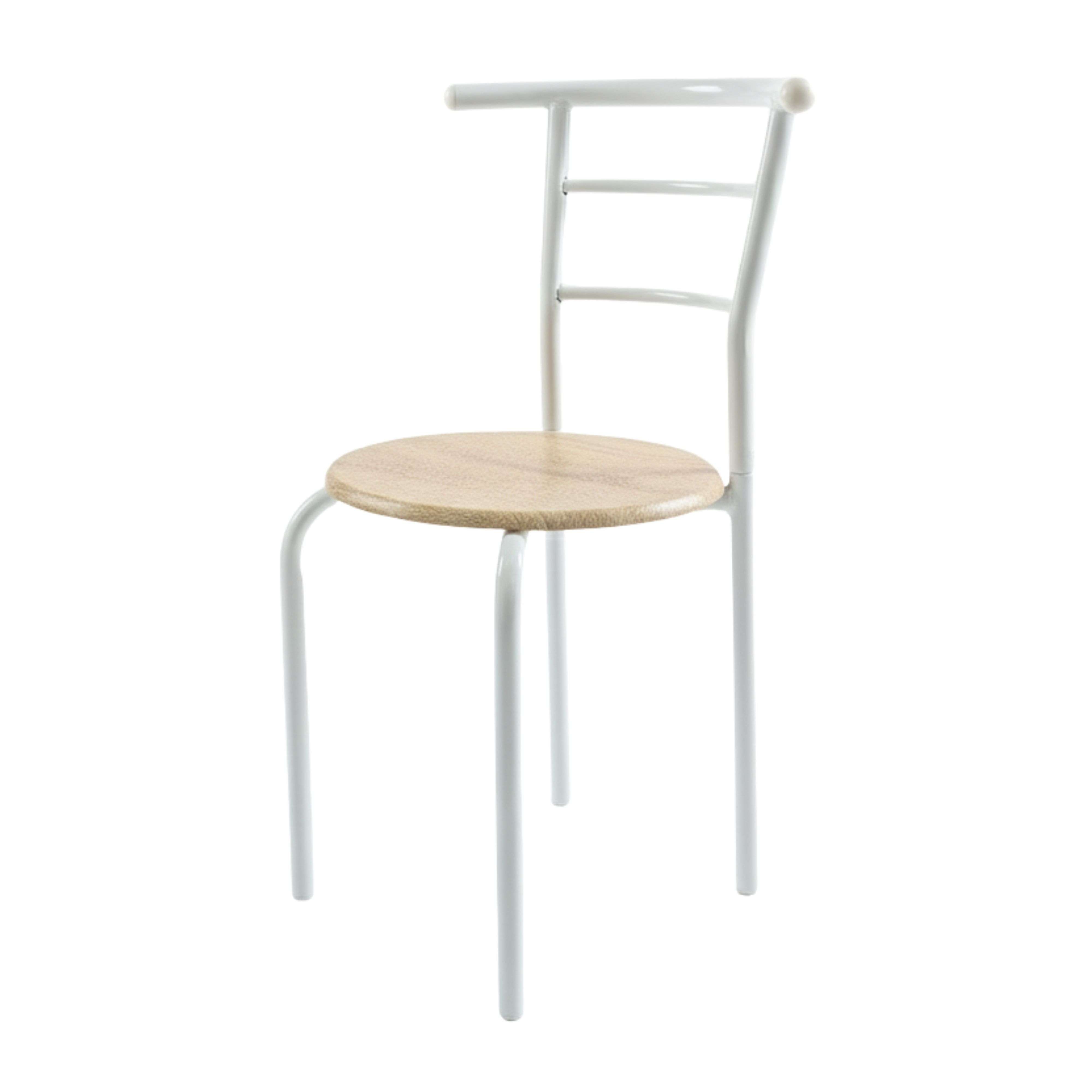 Una silla blanca con asiento redondo de madera y estructura de metal.