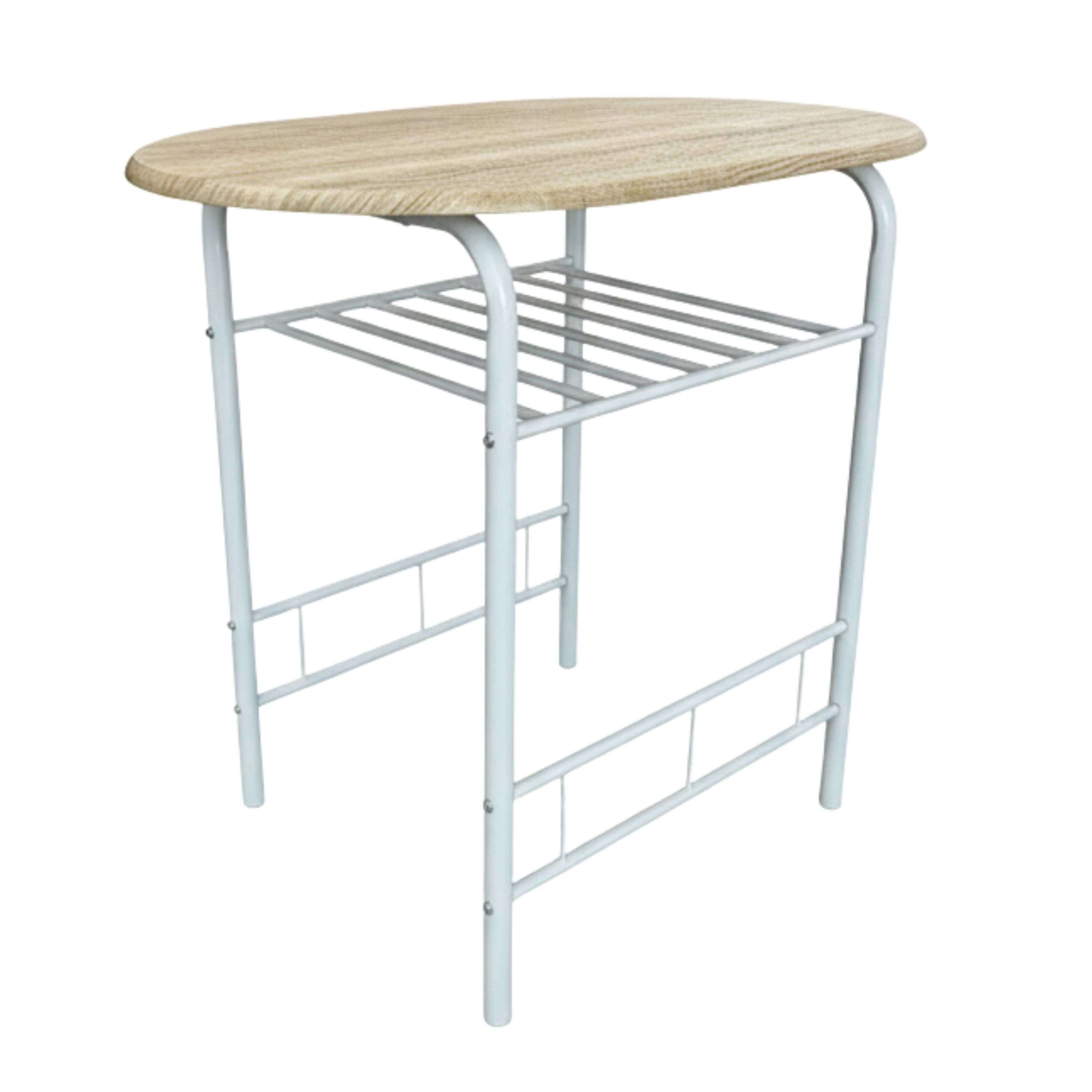 Mesa ovalada con tapa de chapa de madera clara y estructura de metal blanco.