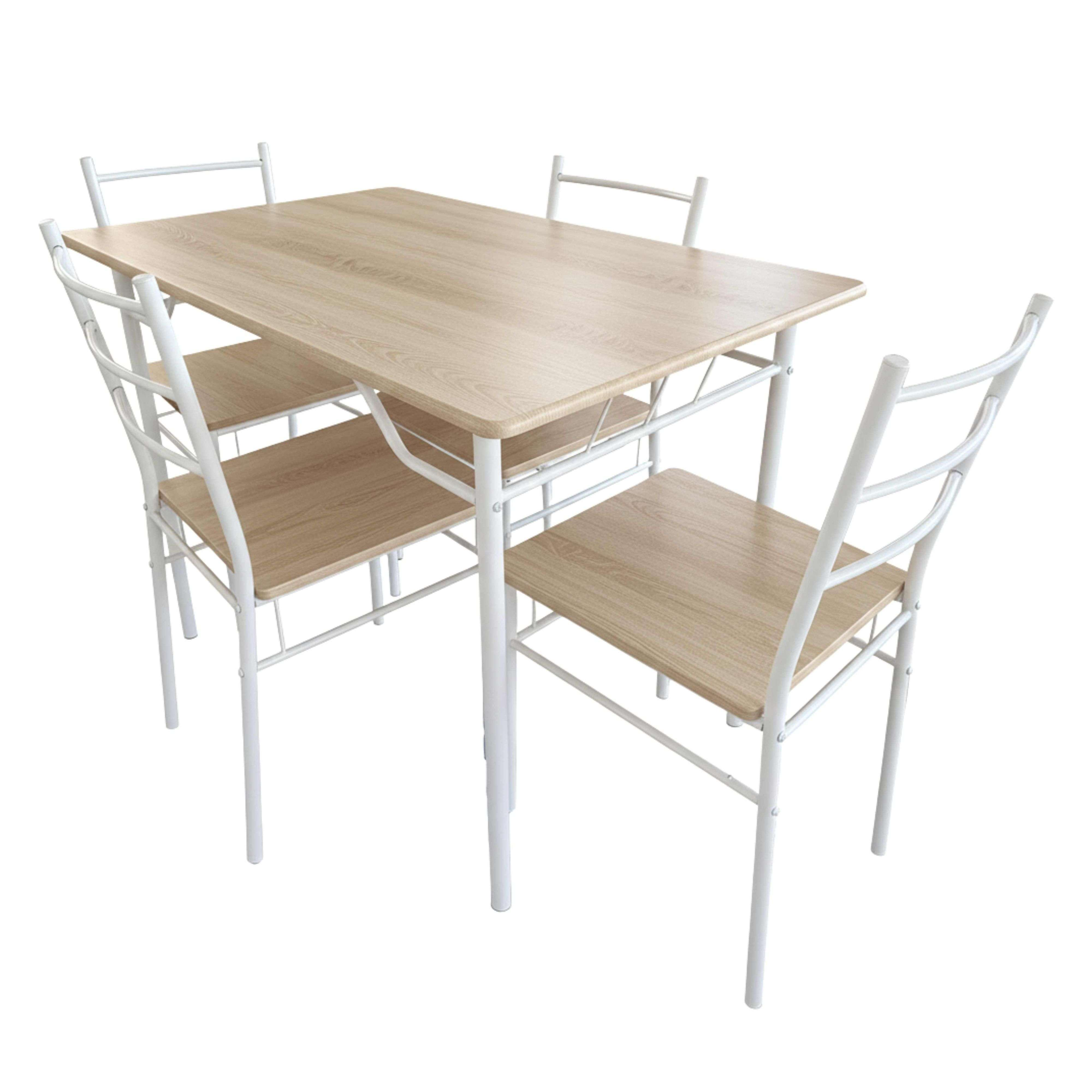 Una mesa de comedor con cuatro sillas blancas con asientos de madera.
